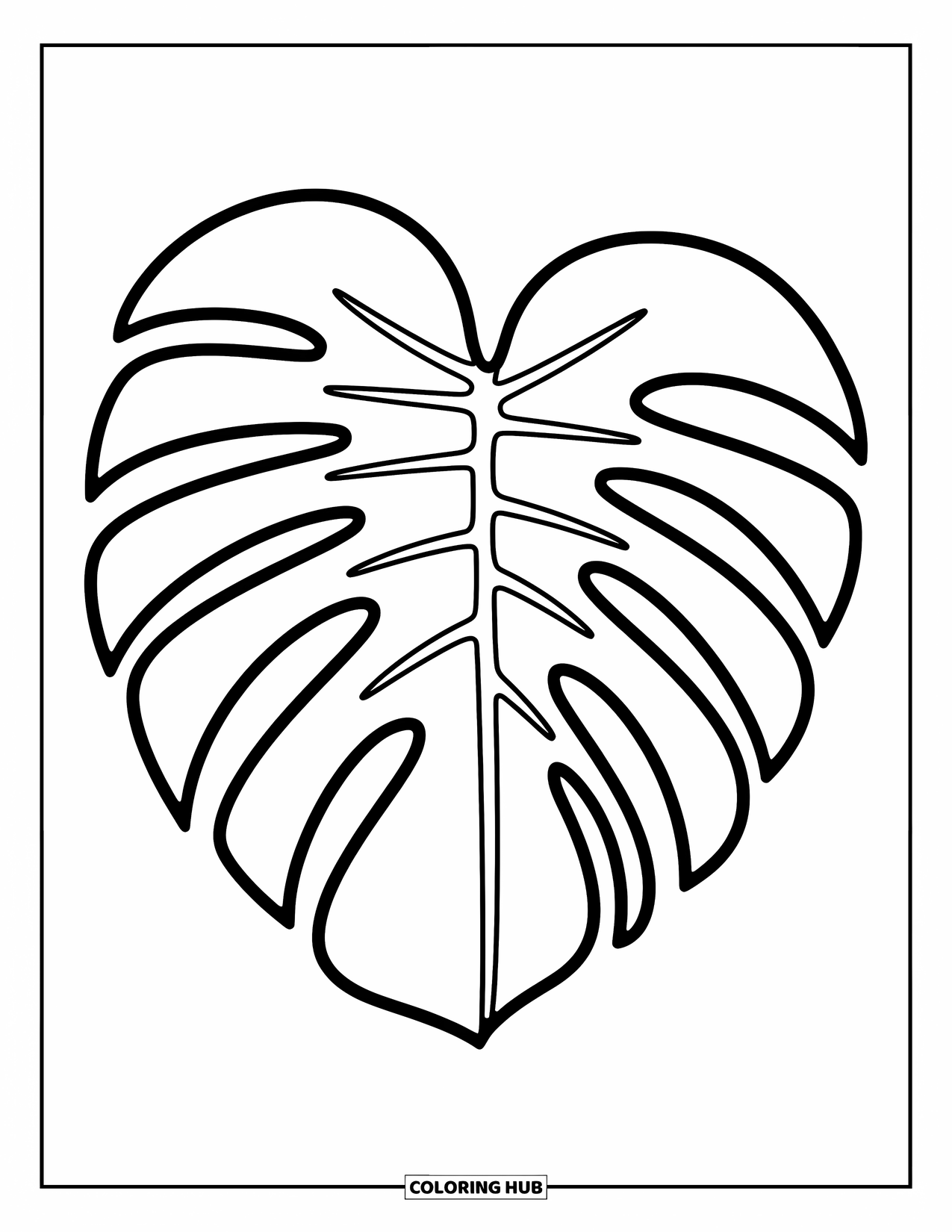 Desen de colorat cu frunze pentru copii: O frunză mare de monstera, cu curbe netede și spații deschise, creează un design îndrăzneț și simplu