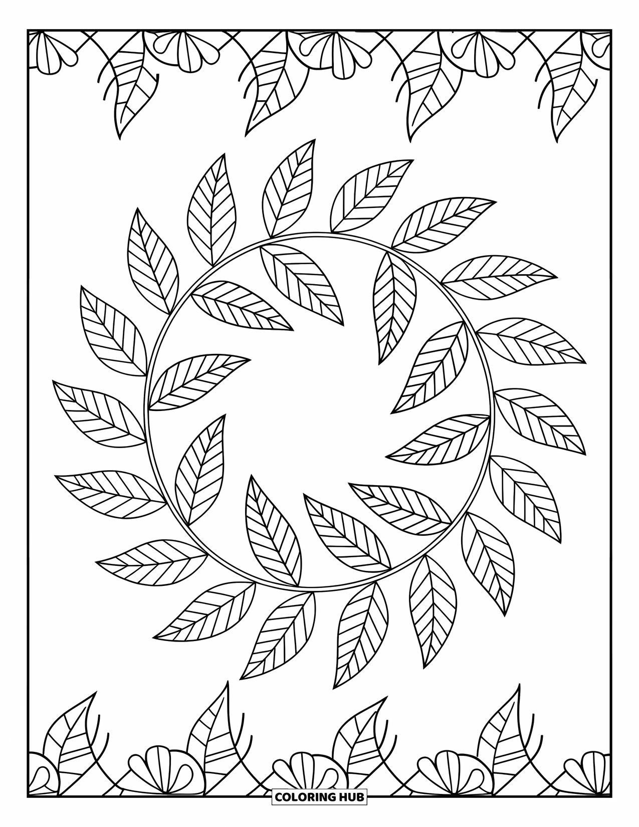 Desen de colorat cu frunze pentru copii: O coroană circulară de frunze formează un design natural simplu, dar fermecător