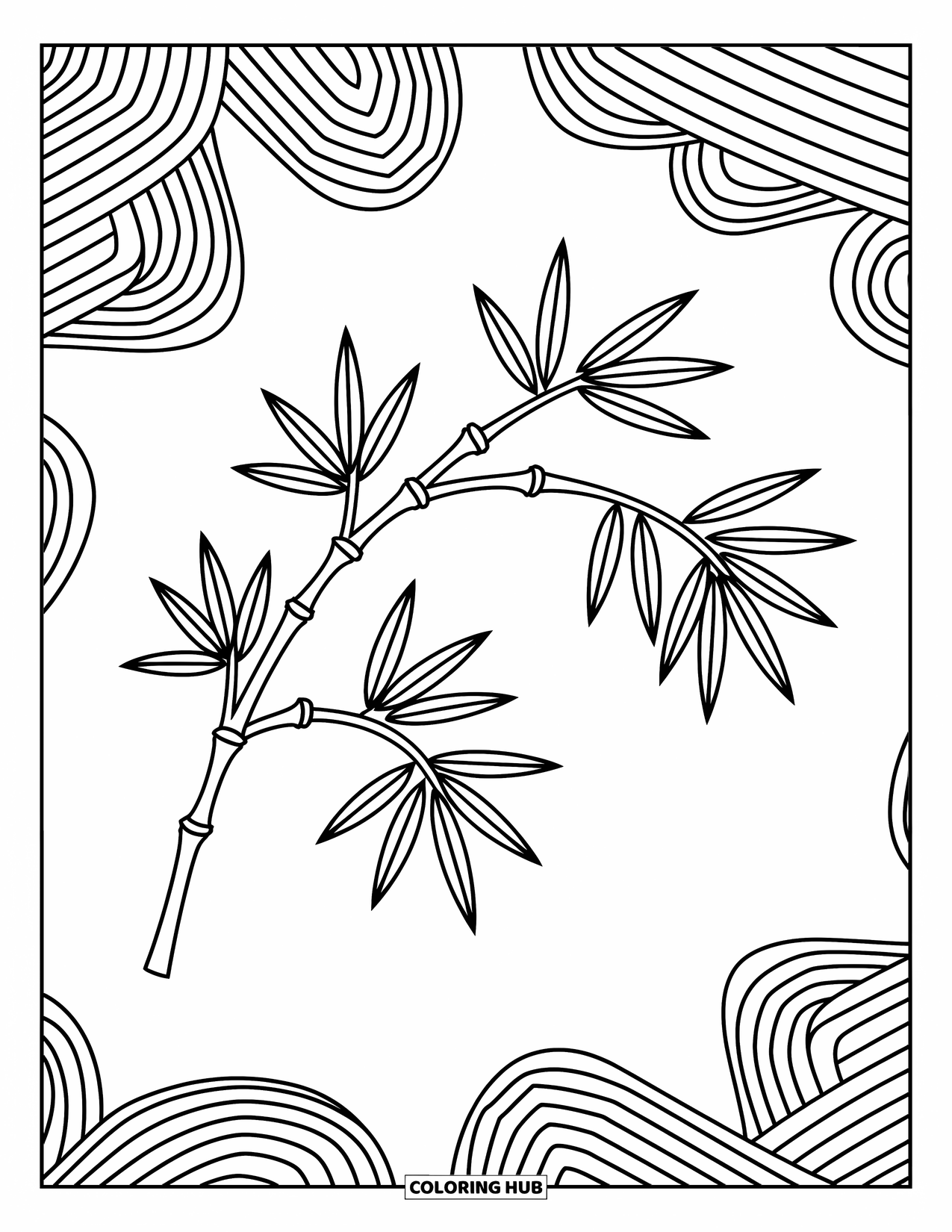 Desen de colorat cu frunze pentru copii: Un grup de frunze de bambus se curbează grațios, formând un model fluid, natural