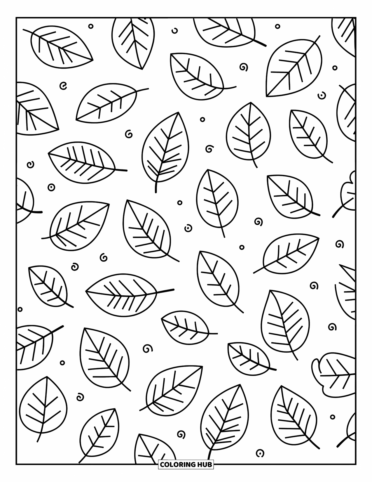 Desen de colorat cu frunze pentru copii: O colecție de frunze plutește natural, aducând un aspect distractiv și echilibrat