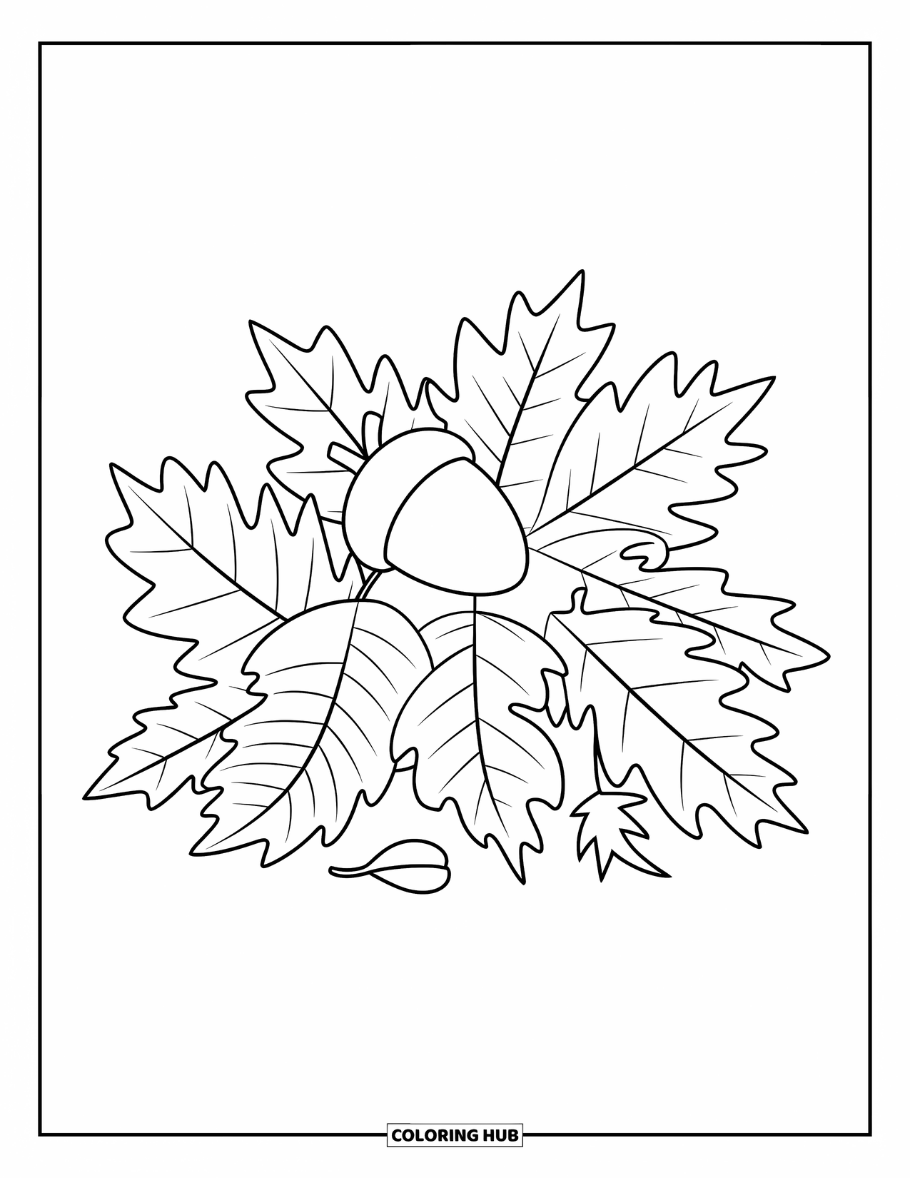 Desen de colorat cu frunze pentru copii: O grămadă confortabilă de frunze de toamnă susține o ghindă care se sprijină ușor deasupra