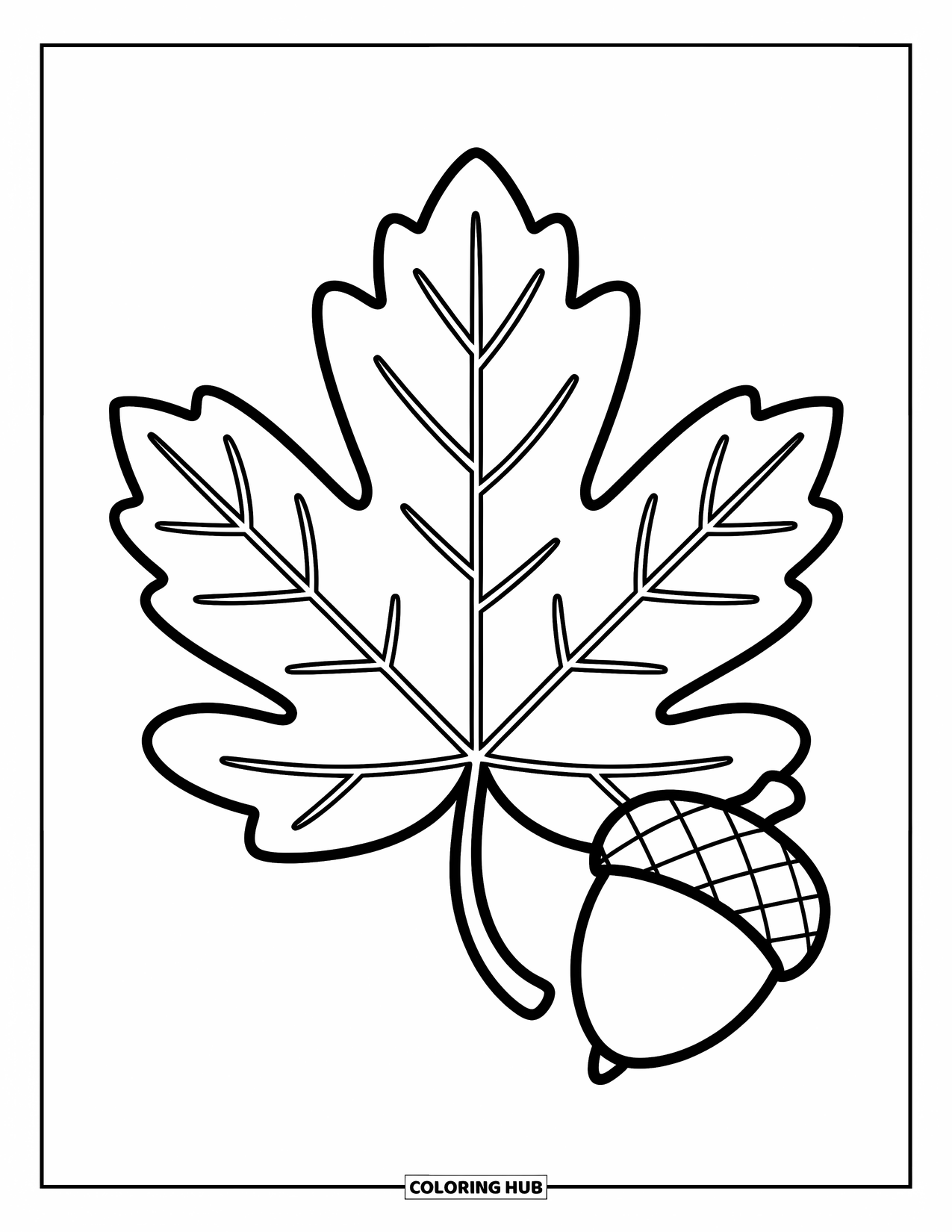 Desen de colorat cu frunze pentru copii: O frunză crocantă de toamnă se sprijină lângă o ghindă, creând un design sezonier confortabil