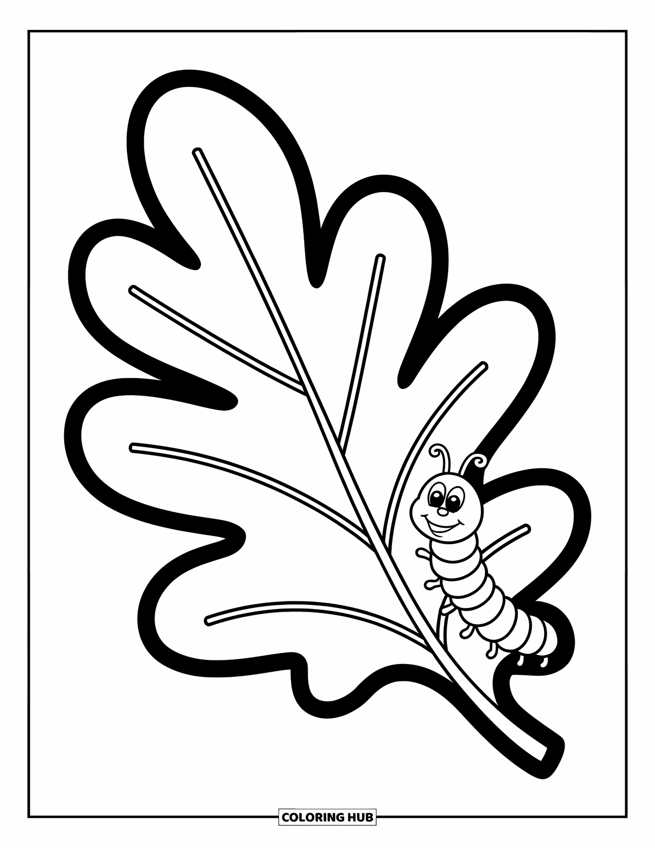 Desen de colorat cu frunze pentru copii: O omidă curioasă se unduiește de-a lungul unei frunze mari de stejar, creând o scenă distractivă și plină de viață
