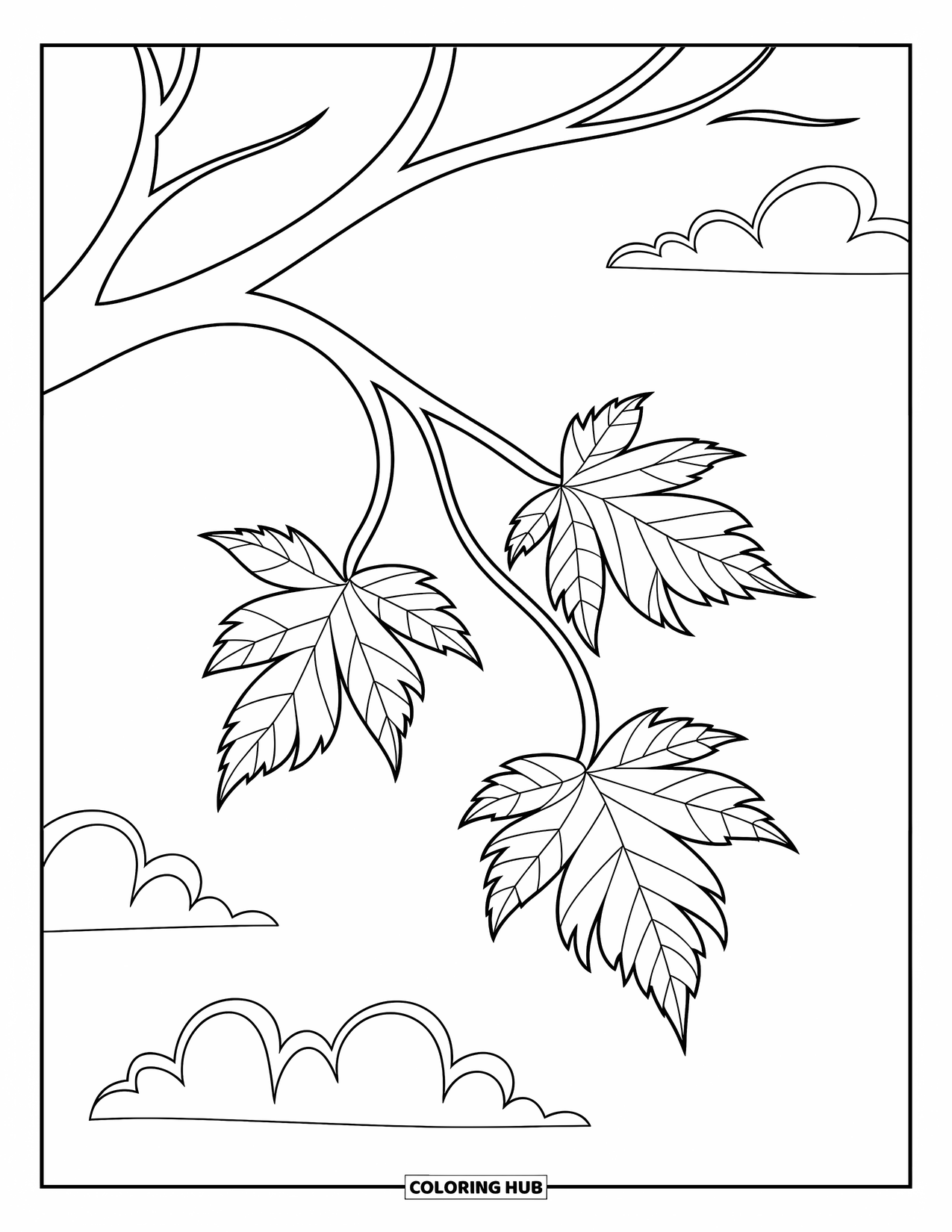 Desen de colorat cu frunze pentru copii: O ramură curbată de copac ține trei frunze care se leagănă ușor în briză