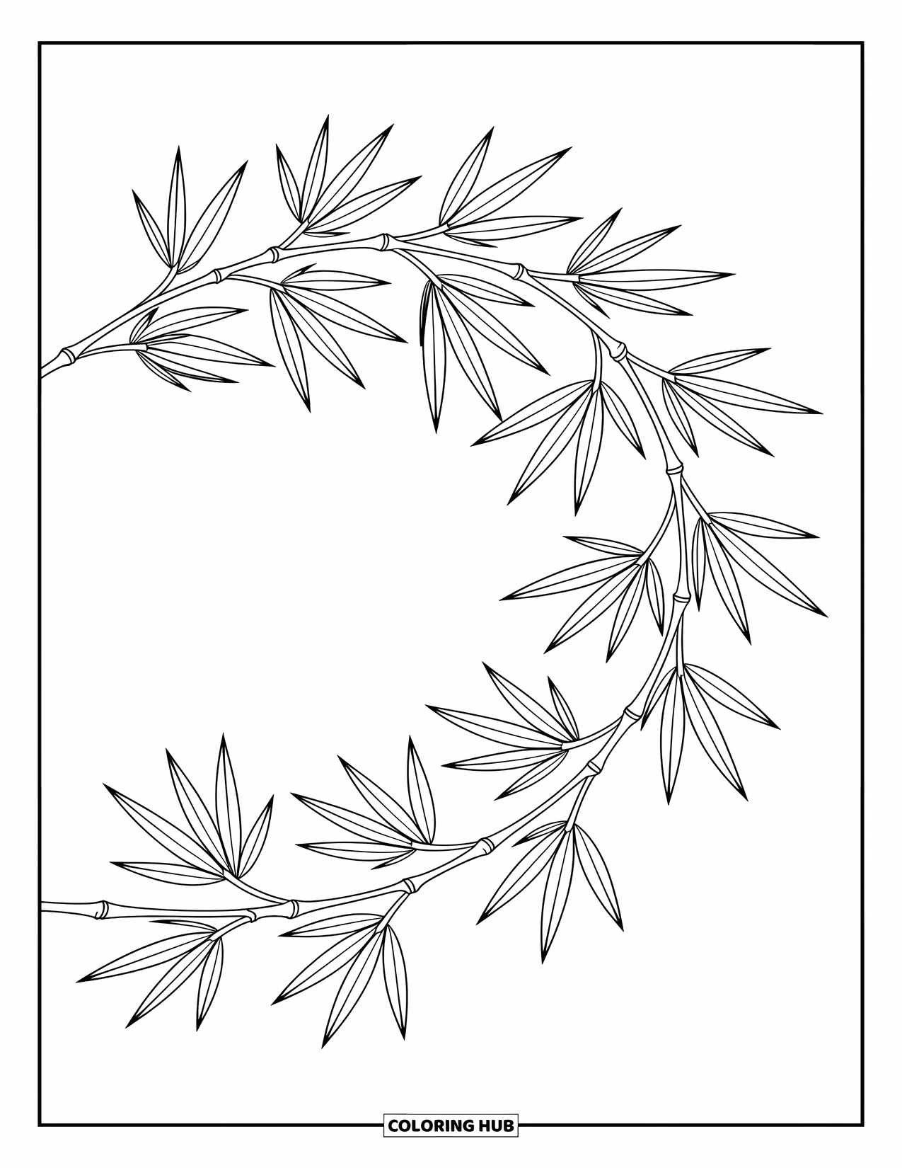 Desen de colorat cu frunze pentru copii: Un grup delicat de frunze de bambus se arcuiește grațios, frunzele sale subțiri curgând în armonie
