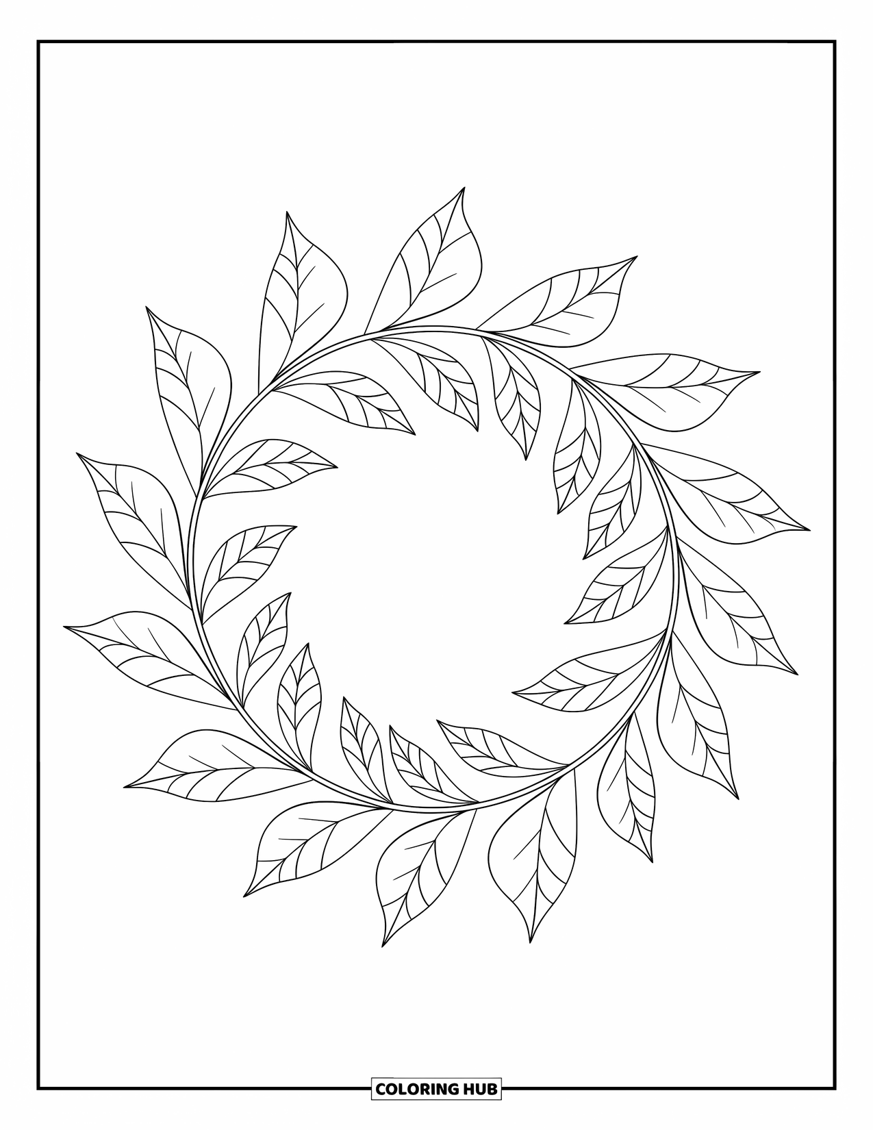 Desen de colorat cu frunze pentru copii: Un inel delicat de frunze creează o coroană grațioasă și echilibrată