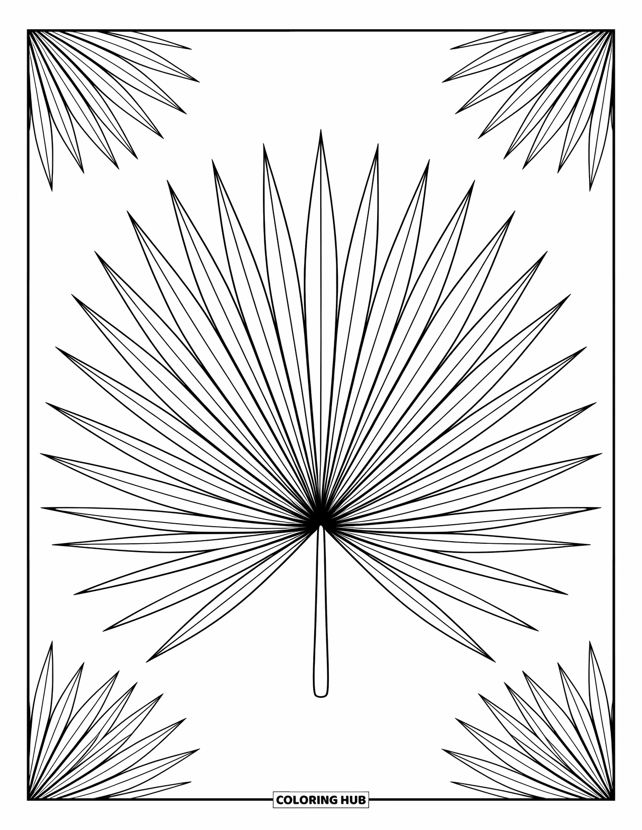 Desen de colorat cu frunze pentru copii: O frunză de palmier sago în formă de evantai radiază spre exterior într-un model echilibrat și simetric