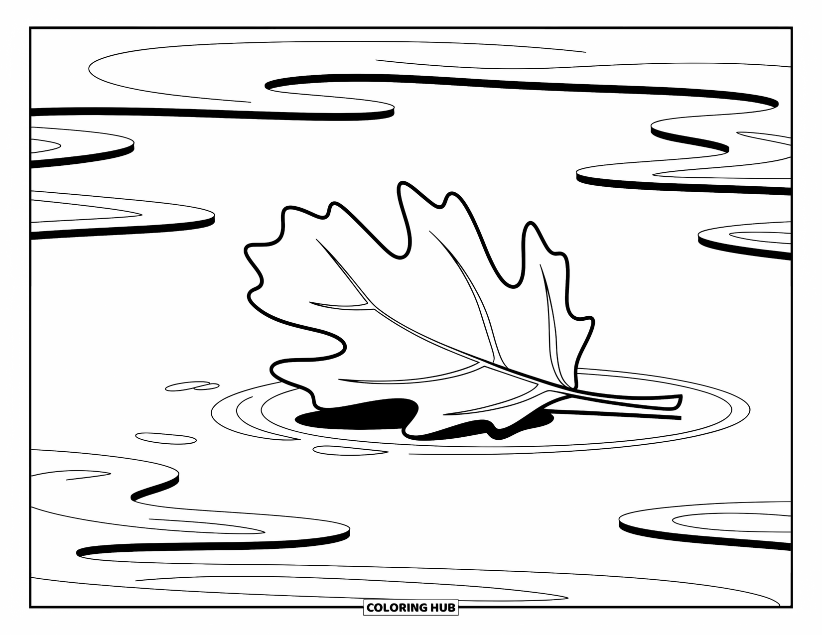 Desen de colorat cu frunze pentru copii: O frunză plutitoare plutește pe apă liniștită, creând ondulații fine în iaz