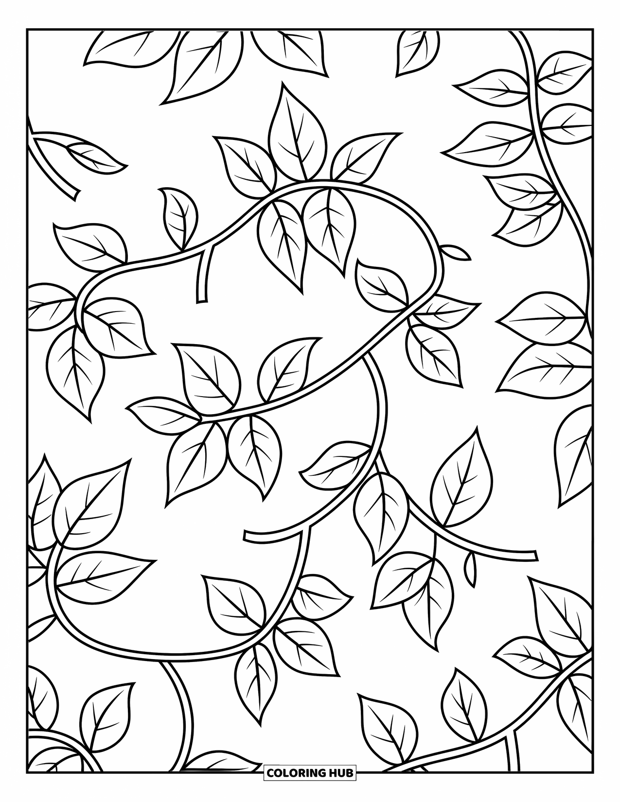 Desen de colorat cu frunze pentru copii: O viță de vie fluidă, cu frunze capricioase, se întinde, creând o scenă distractivă și captivantă