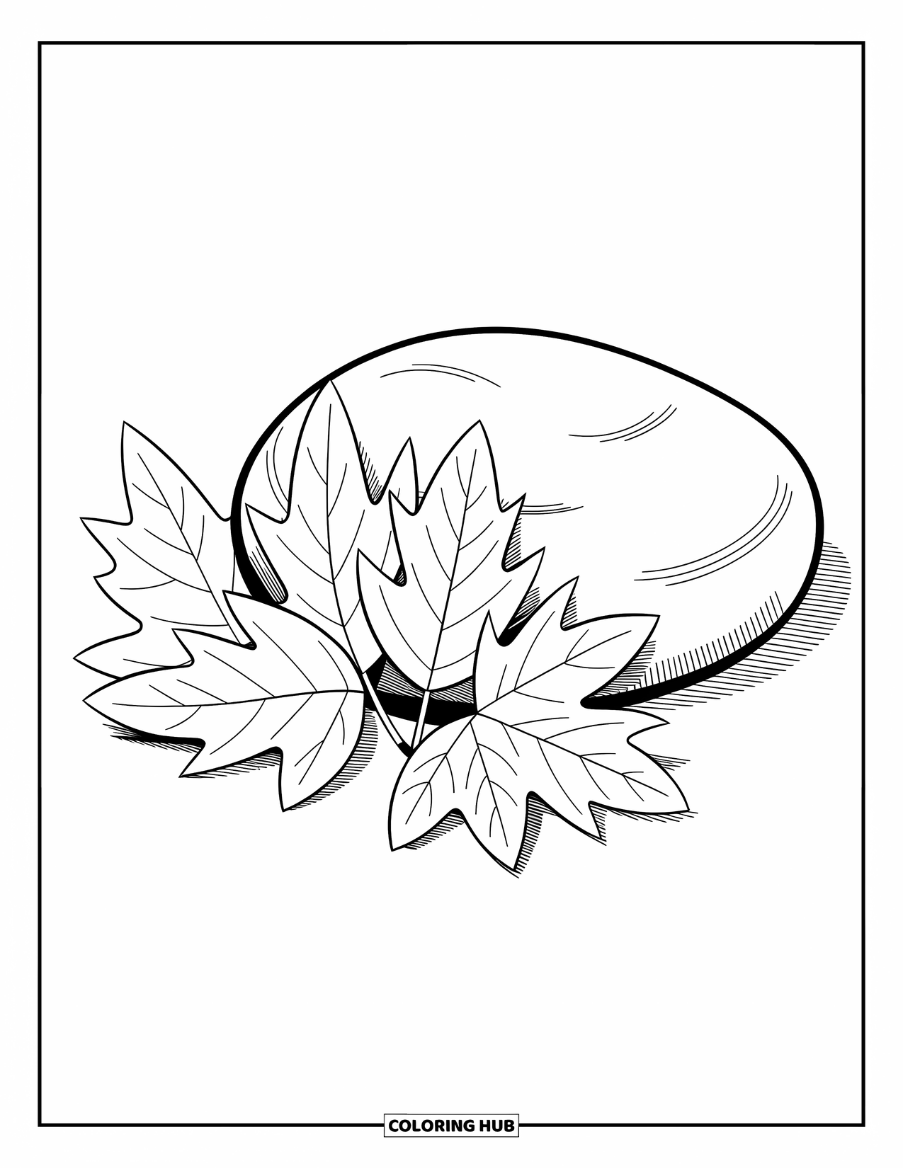 Desen de colorat cu frunze pentru copii: O grămadă delicată de frunze de plop tremurător stă lângă o piatră netedă, echilibrând textura și simplitatea