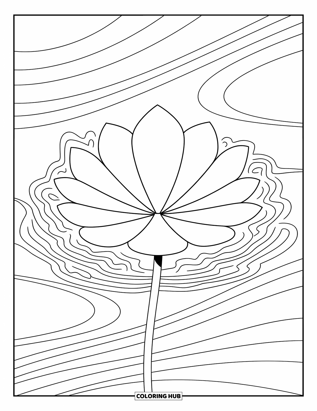 Desen de colorat cu frunze pentru copii: O frunză de lotus ușor curbată se sprijină pe apă liniștită, marginile sale formând valuri moi, ritmice