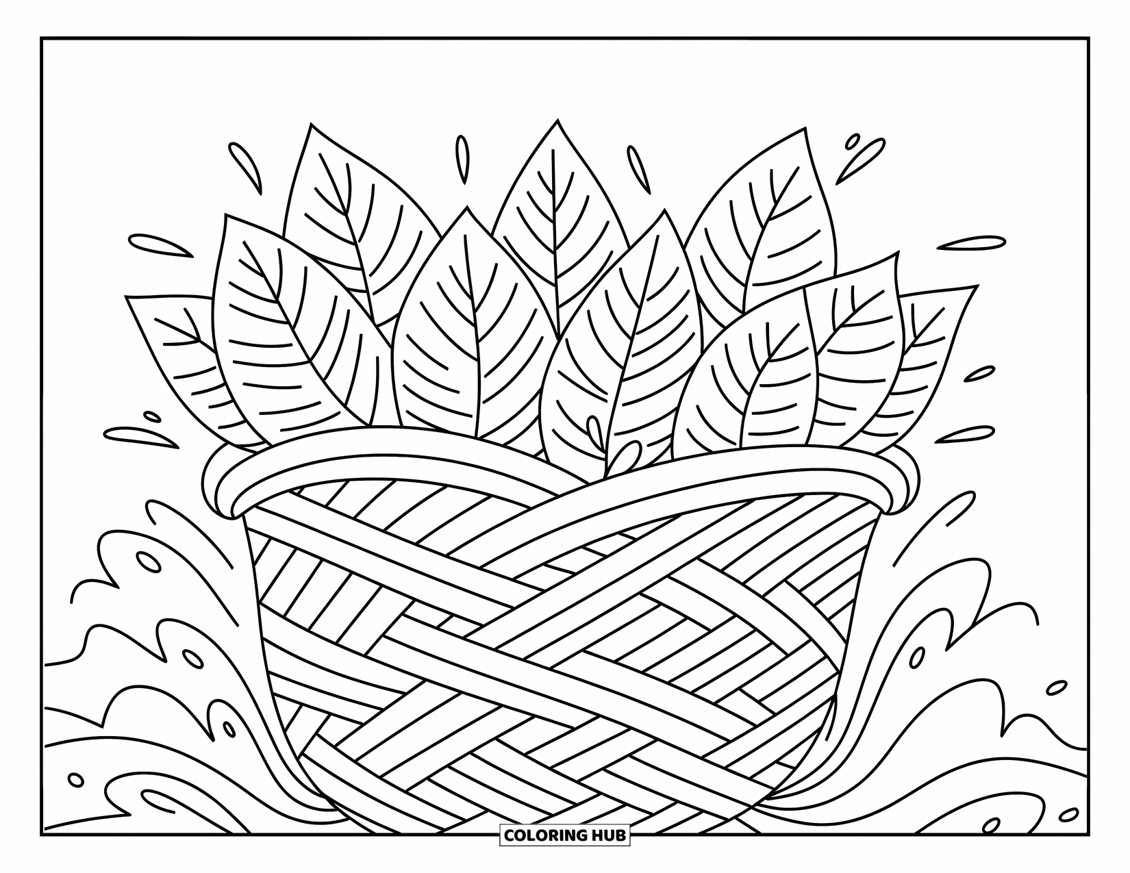 Desen de colorat cu frunze pentru copii: O colecție de frunze împletite cu grație creează o formațiune asemănătoare unui coș, cu modele elegante