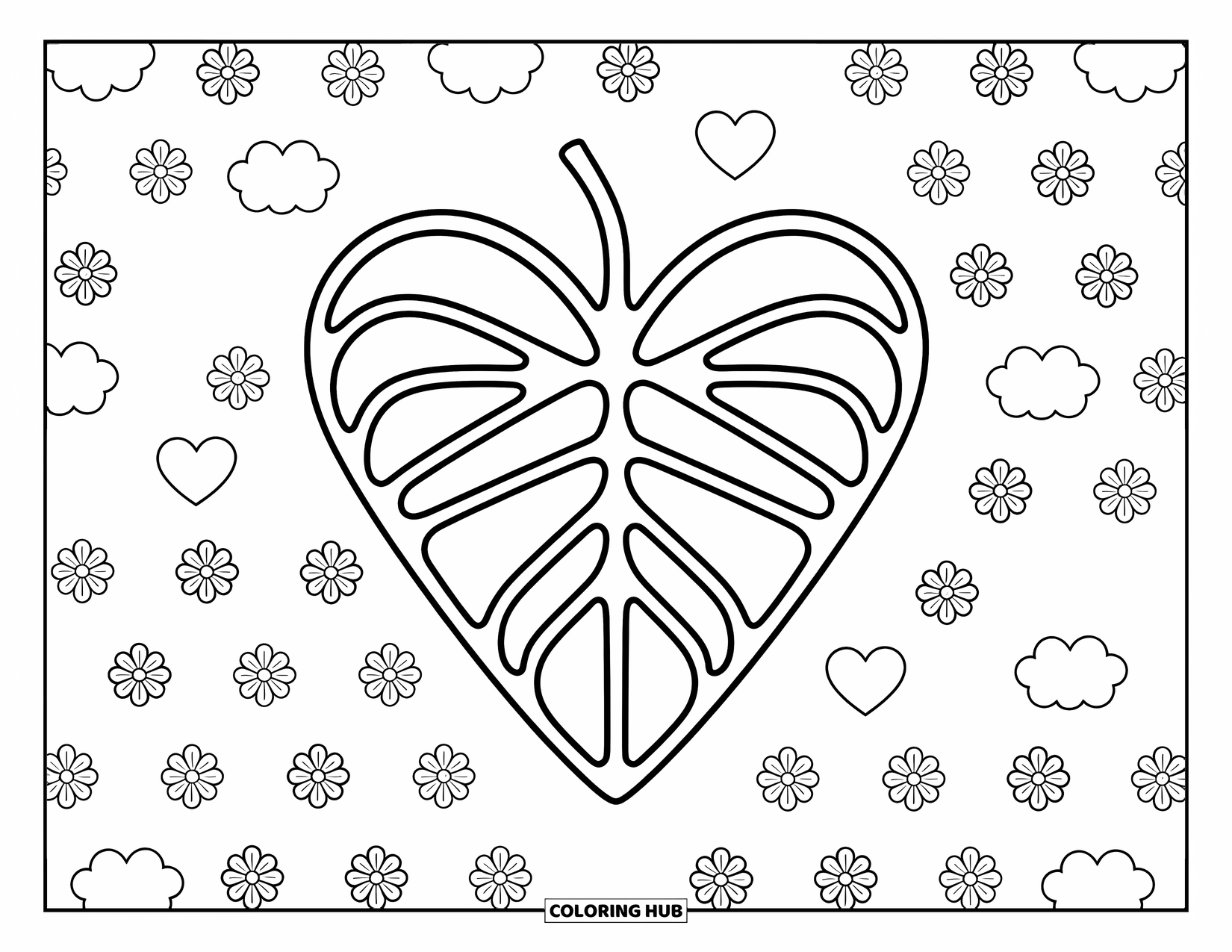 Desen de colorat cu frunze pentru copii: O frunză în formă de inimă, cu margini netede, stă grațios, perfectă pentru o scenă jucăușă