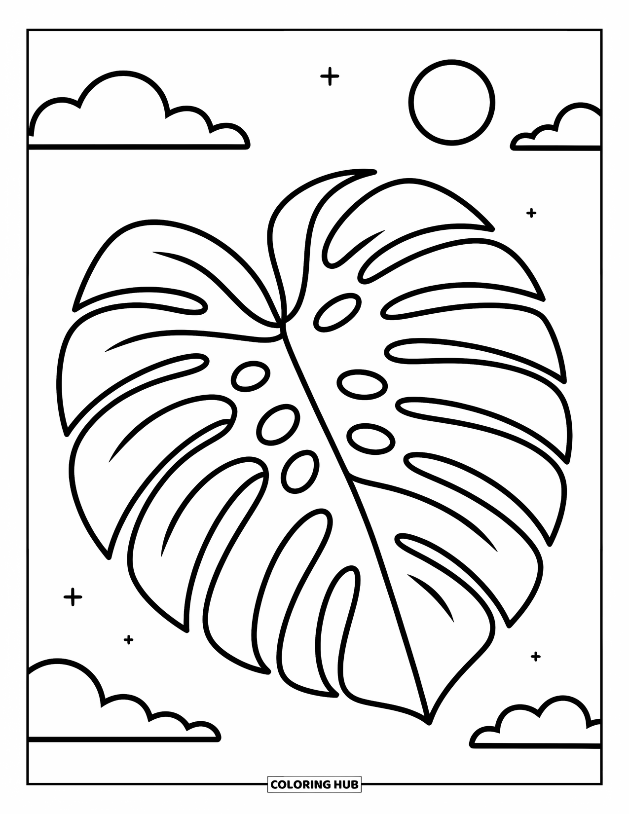 Desen de colorat cu frunze pentru copii: O frunză mare de monstera, cu margini fluide și spații deschise, creează un efect jucăuș