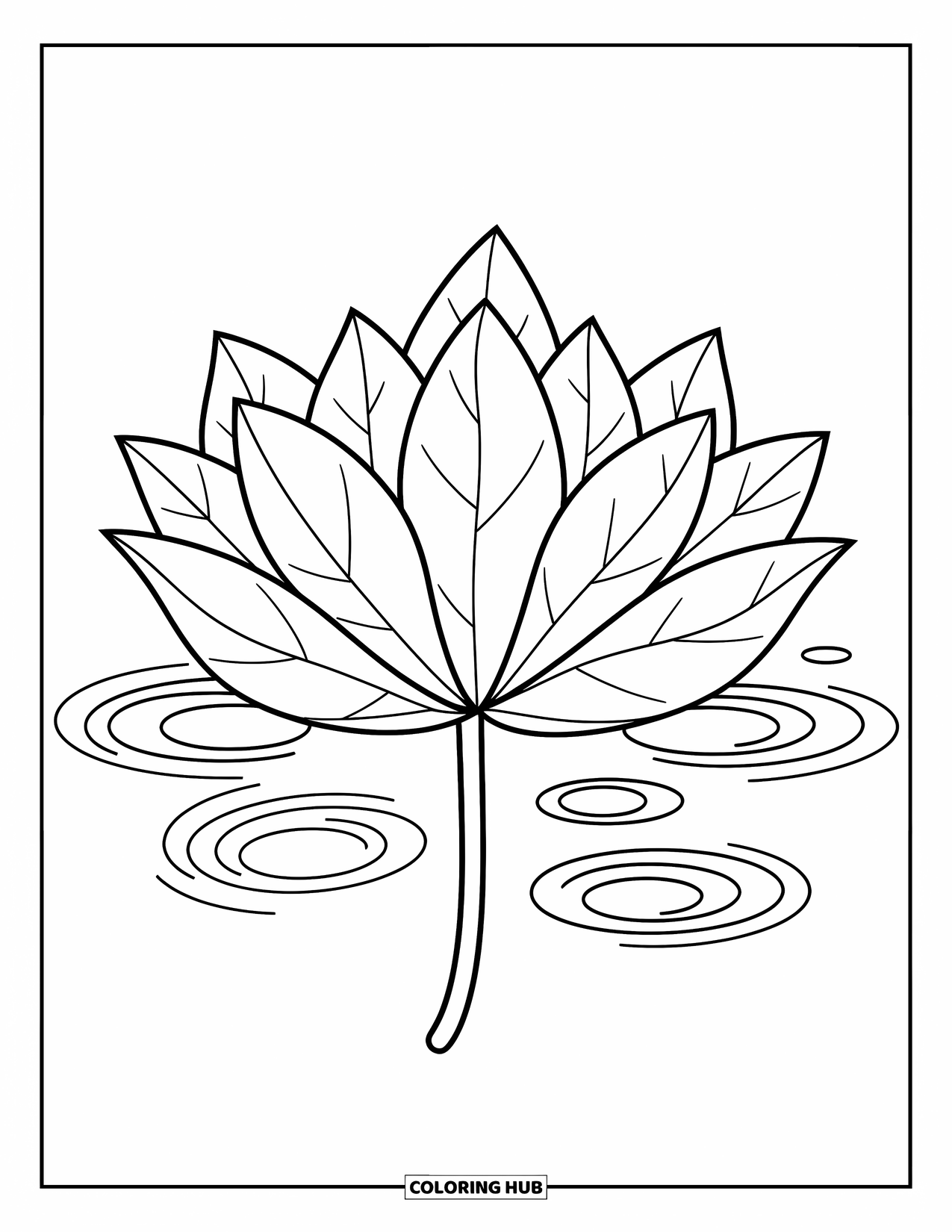 Desen de colorat cu frunze pentru copii: O frunză de lotus cu margini fluide stă liniștită pe apă, încadrată de ondulații subtile