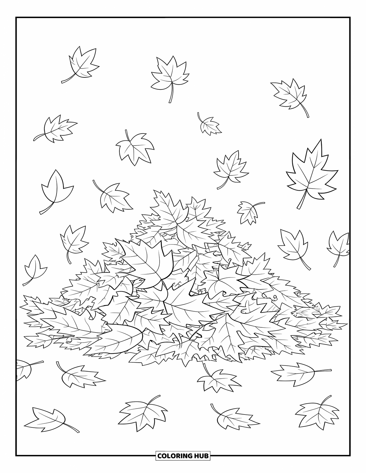 Desen de colorat cu frunze pentru copii: O grămadă de frunze de toamnă se răspândește natural, capturând farmecul sezonului