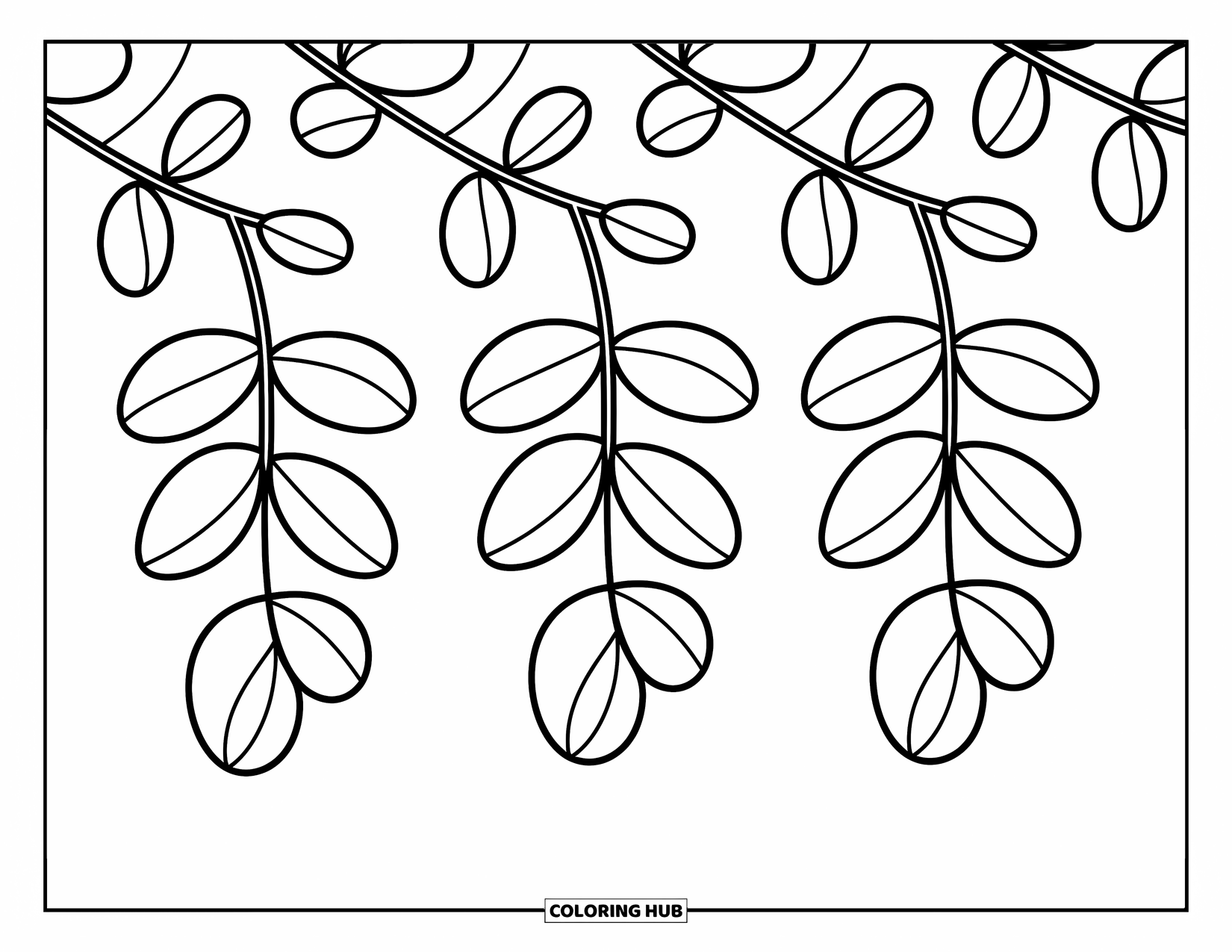Desen de colorat cu frunze pentru copii: Un rând de trei frunze atârnă ușor de o ramură subțire într-o prezentare simplă, fermecătoare