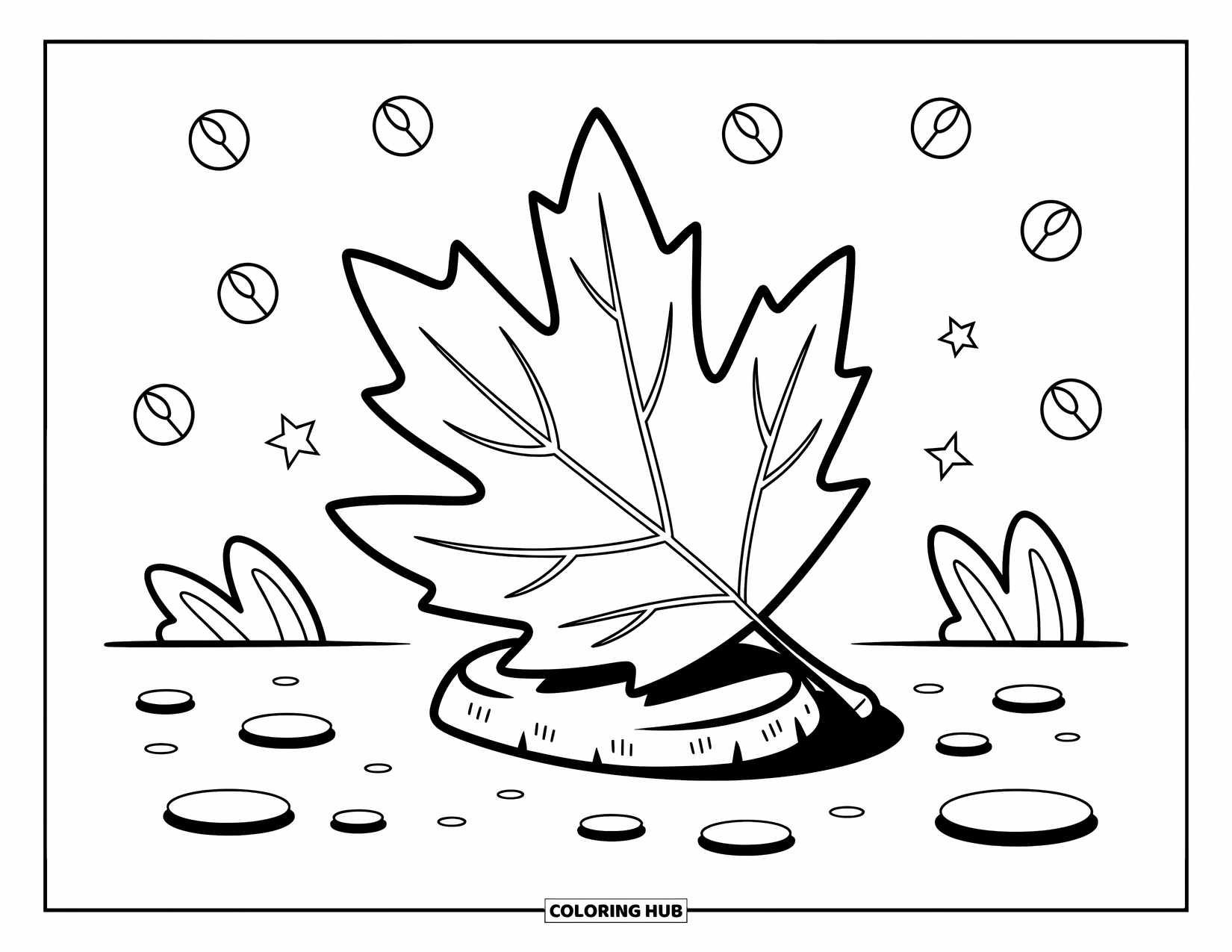 Desen de colorat cu frunze pentru copii: O singură frunză se află deasupra unei pietre mici, nervurile sale delicate adăugând detalii subtile