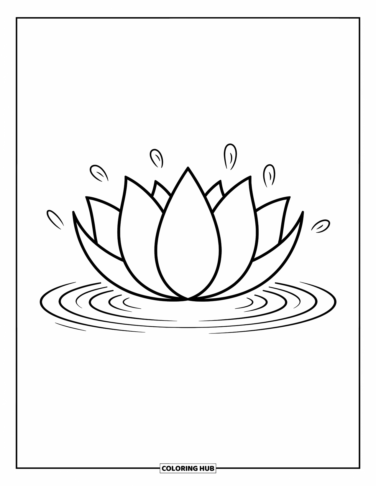 Desen de colorat cu frunze pentru copii: O singură frunză de lotus plutește cu margini moi, ondulate, înconjurată de ondulații blânde în apă
