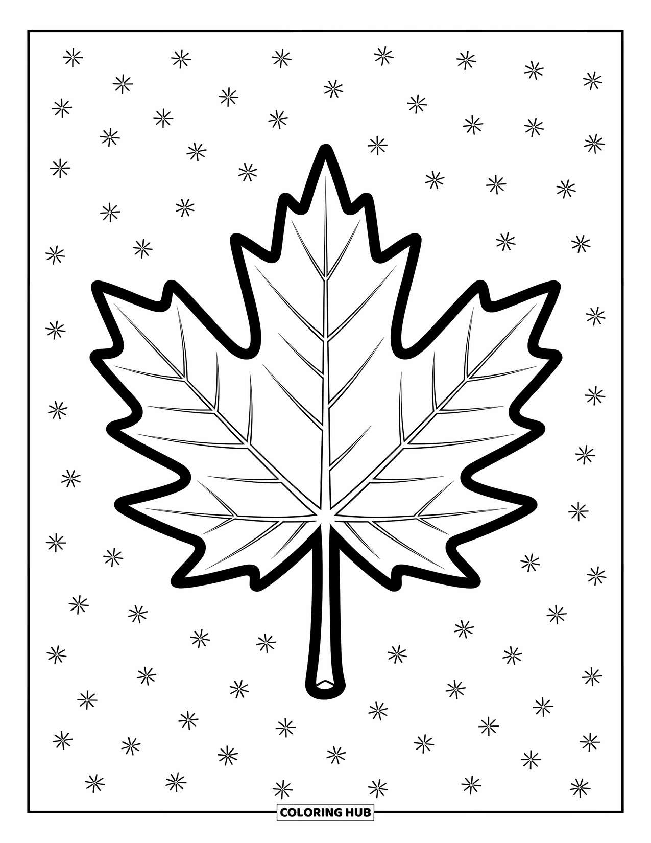 Desen de colorat cu frunze pentru copii: O singură frunză de arțar cu linii puternice, fluide, oferă un design distractiv și ușor
