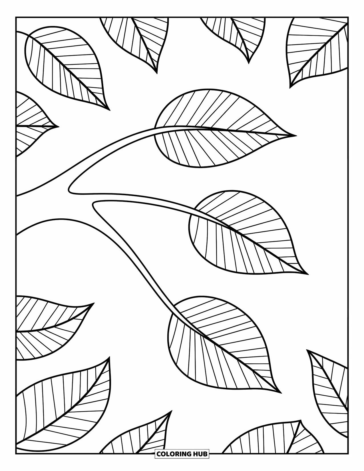 Desen de colorat cu frunze pentru copii: O ramură subțire de copac cu trei frunze se leagănă ușor în vânt