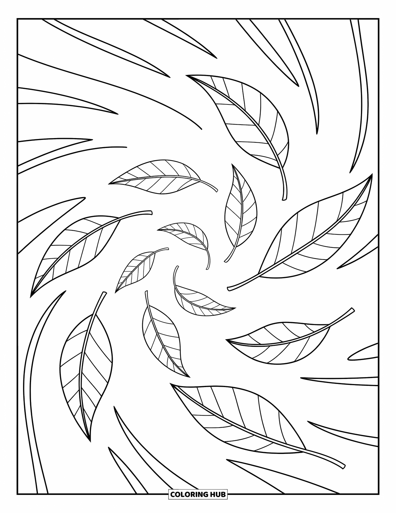 Desen de colorat cu frunze pentru copii: O briză ușoară ridică frunze împrăștiate, învârtindu-le jucăuș prin aer