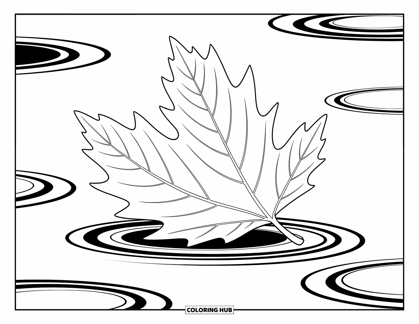 Desen de colorat cu frunze pentru copii: Un iaz liniștit susține o frunză care plutește ușor, înconjurată de ondulații subtile