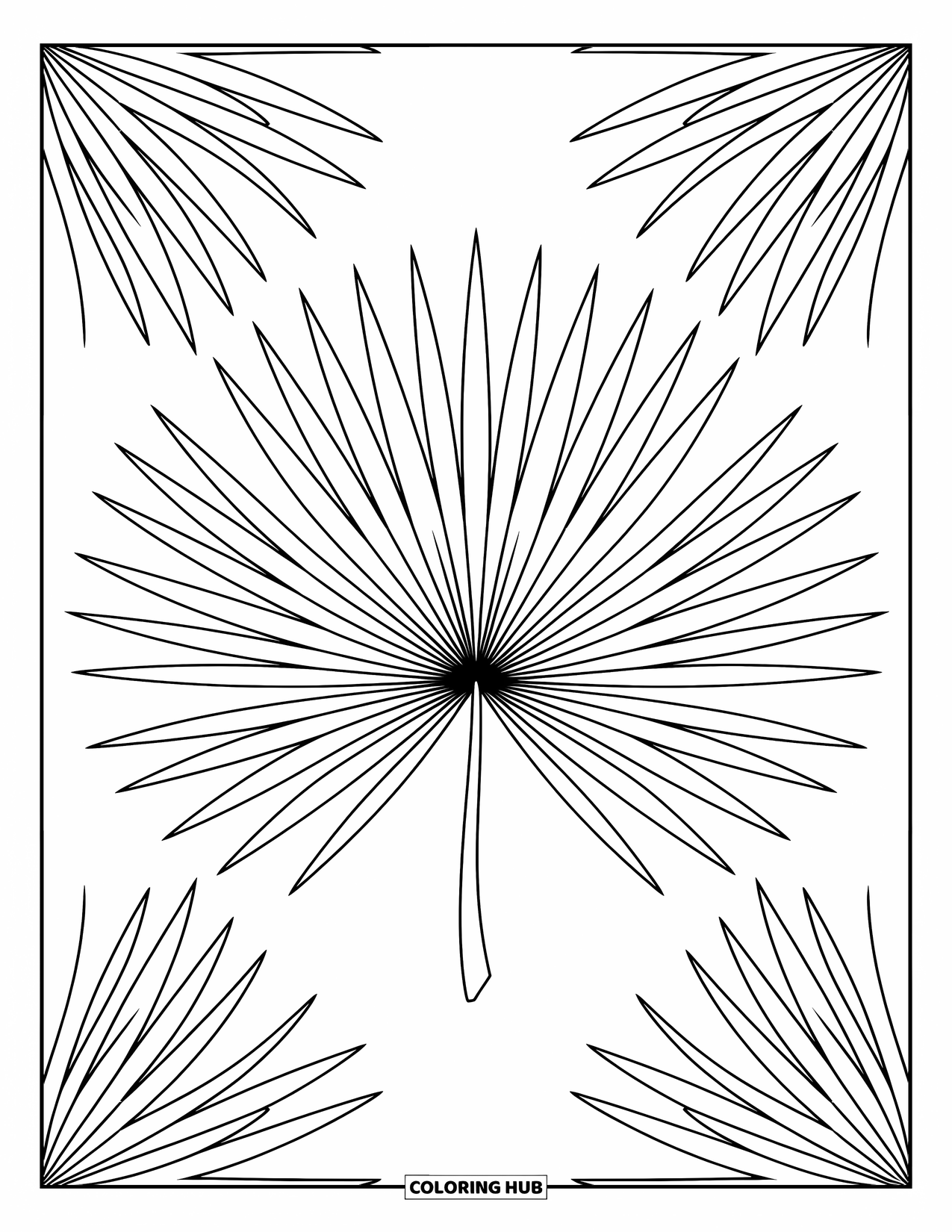 Desen de colorat cu frunze pentru copii: O frunză simetrică de palmier sago își răspândește liniile radiante într-un design echilibrat, atrăgător
