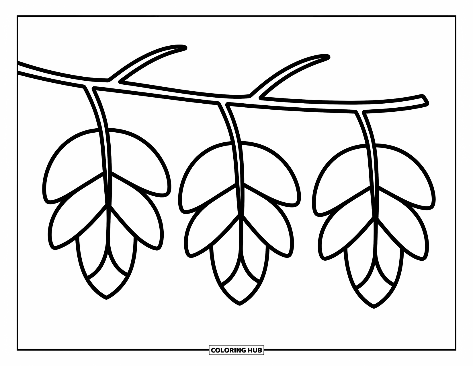 Desen de colorat cu frunze pentru copii: O ramură subțire ține trei frunze, fiecare atârnând în perfectă armonie