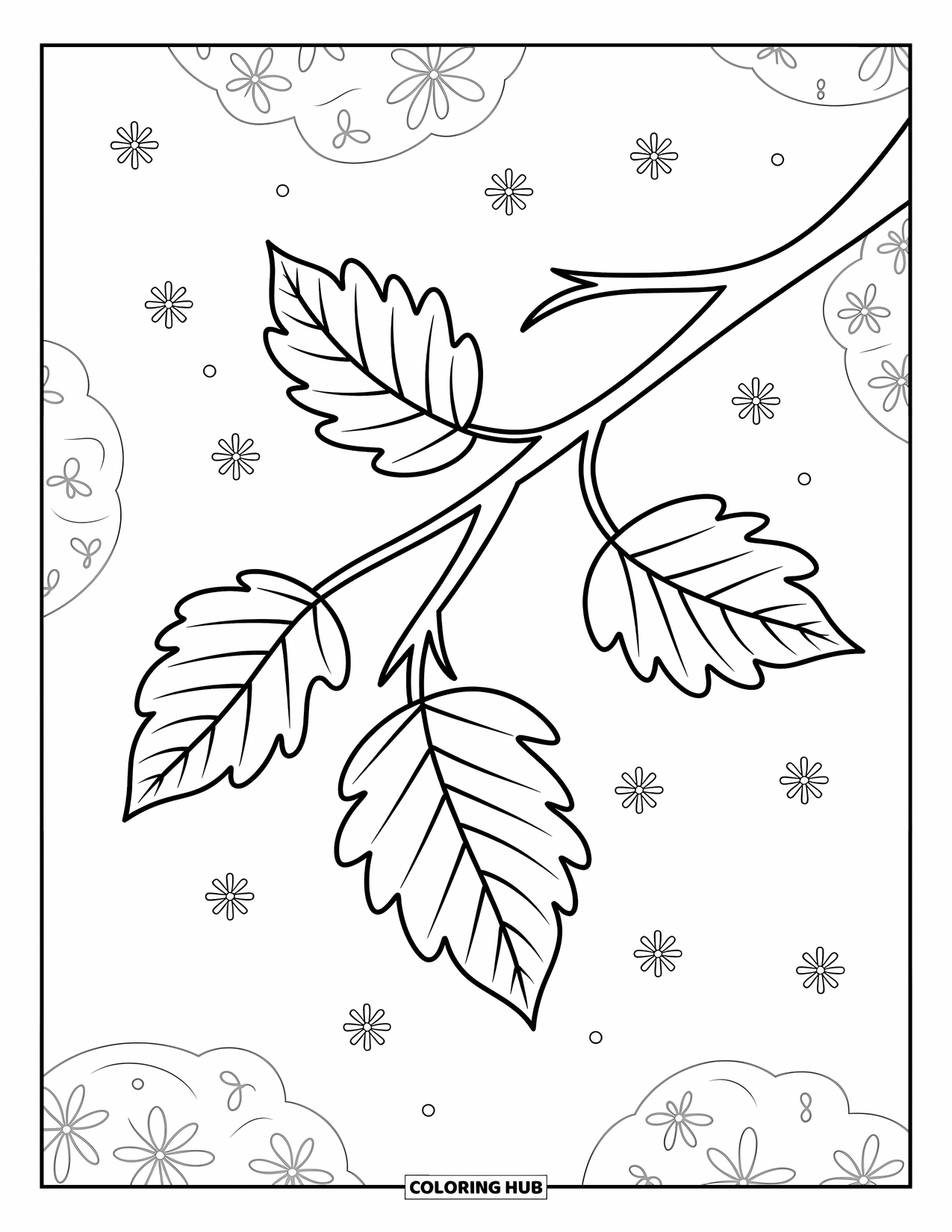 Desen de colorat cu frunze pentru copii: O ramură de copac ține trei frunze delicate care se leagănă ușor în briză