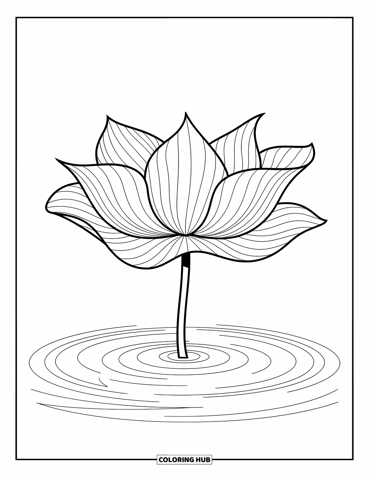 Desen de colorat cu frunze pentru copii: O frunză ondulată de lotus plutește pe apă liniștită, înconjurată de ondulații blânde