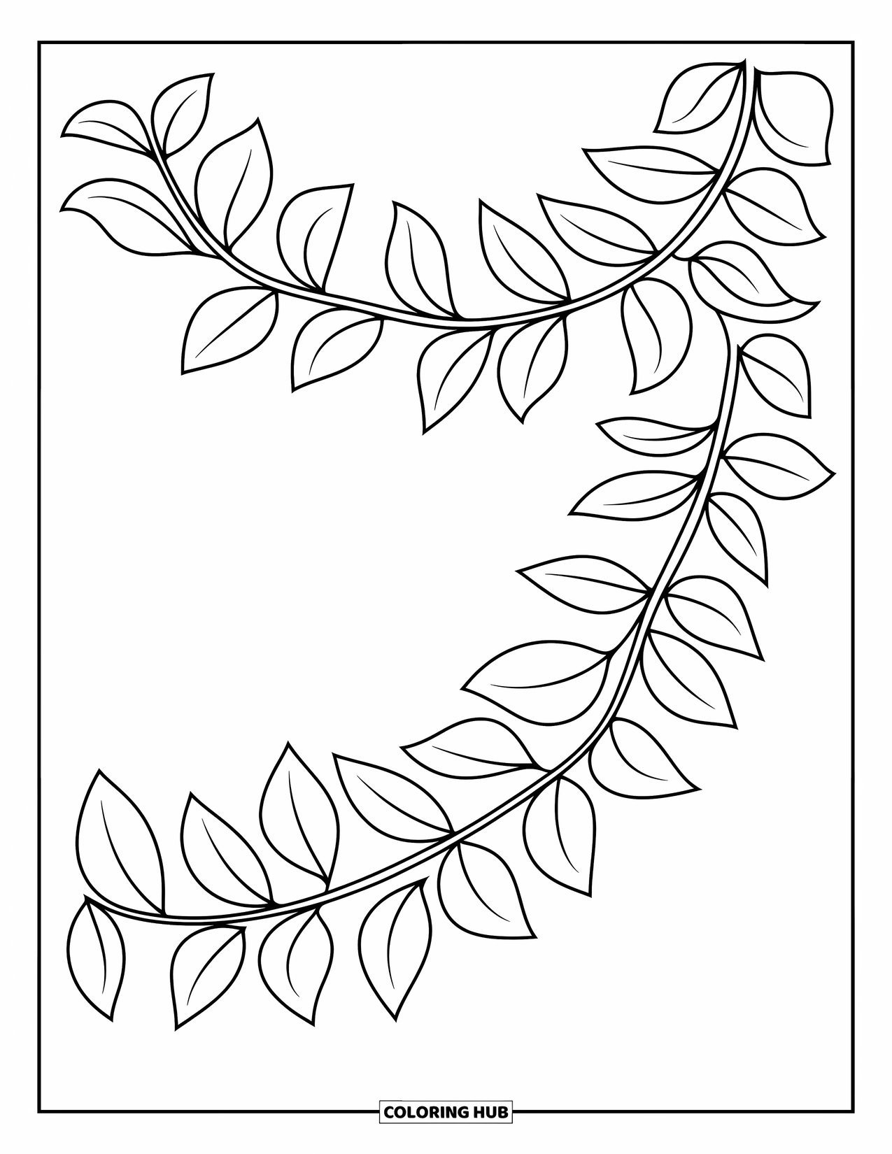 Desen de colorat cu frunze pentru copii: O viță de vie șerpuitoare, împodobită cu frunze de diferite forme, curge natural pe pagină