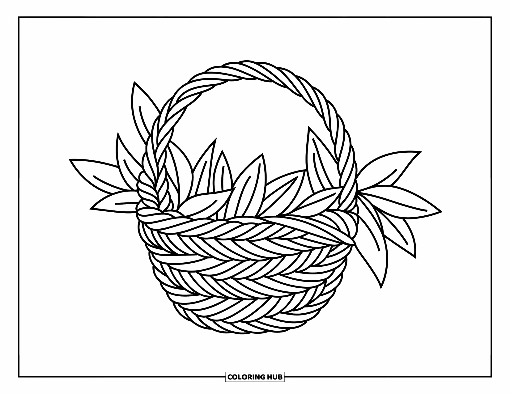 Desen de colorat cu frunze pentru copii: O colecție împletită de frunze formează o formă de coș cu detalii complicate, fluide