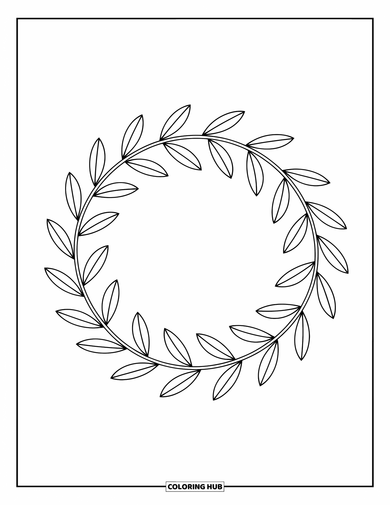 Desen de colorat cu frunze pentru copii: O coroană făcută din frunze formează un model circular moale, fluid