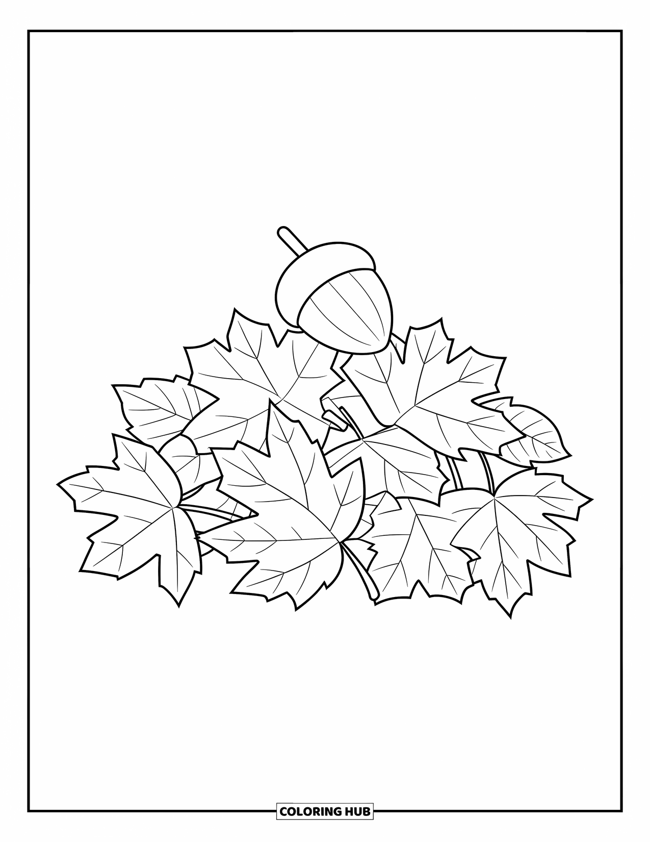 Desen de colorat cu frunze pentru copii: O ghindă stă deasupra unui morman de frunze de toamnă împrăștiate într-un aranjament jucăuș