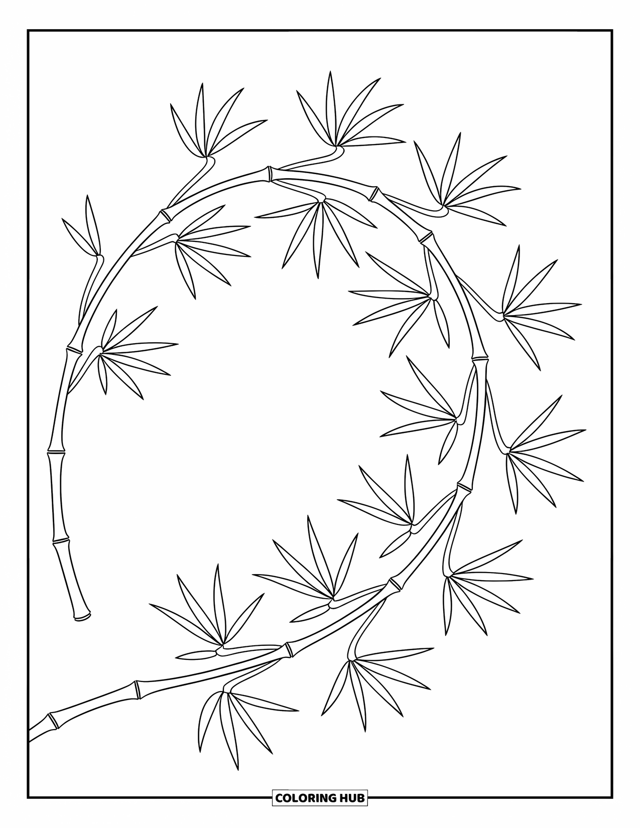Desen de colorat cu frunze pentru copii: Un grup de frunze de bambus arcuite se leagănă ușor, creând un design dinamic și elegant