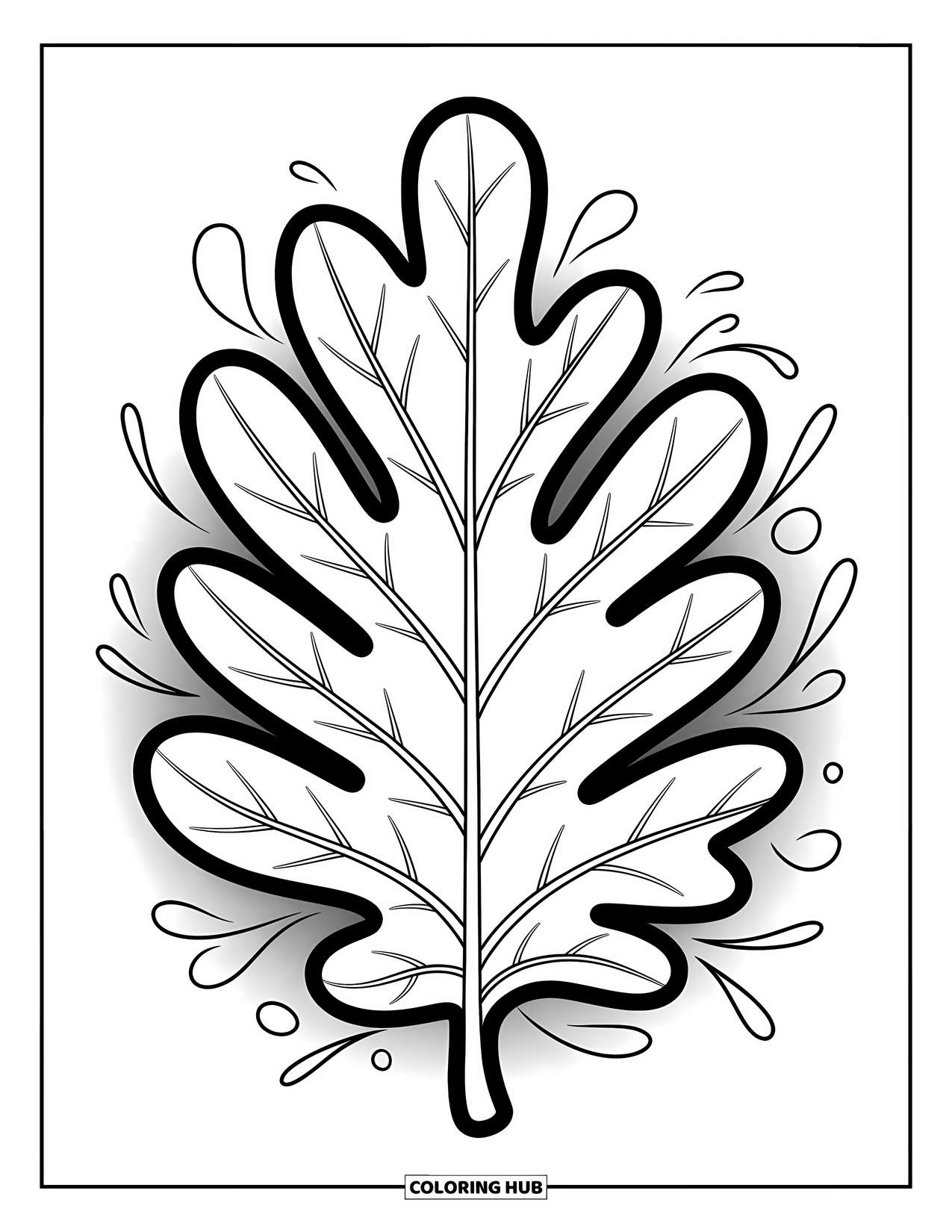 Desen de colorat cu frunze pentru copii: O frunză de stejar cu modele fluide de nervuri adaugă o notă de eleganță și farmec natural