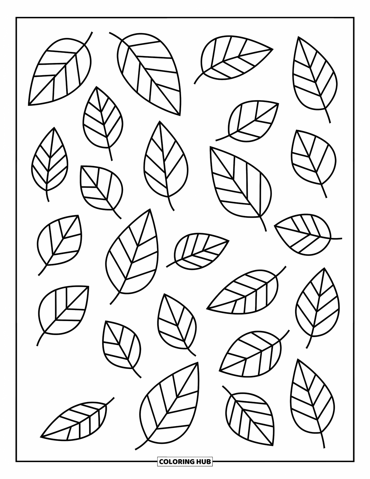 Desen de colorat cu frunze pentru copii: Frunze de diferite dimensiuni sunt împrăștiate jucăuș, creând un design distractiv și plin de viață
