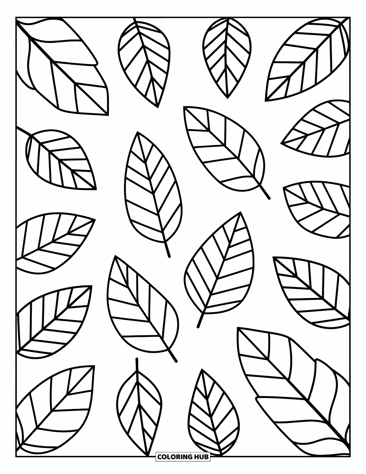 Desen de colorat cu frunze pentru copii: Frunze de diferite dimensiuni sunt răspândite aleatoriu, formând o scenă simplă și captivantă