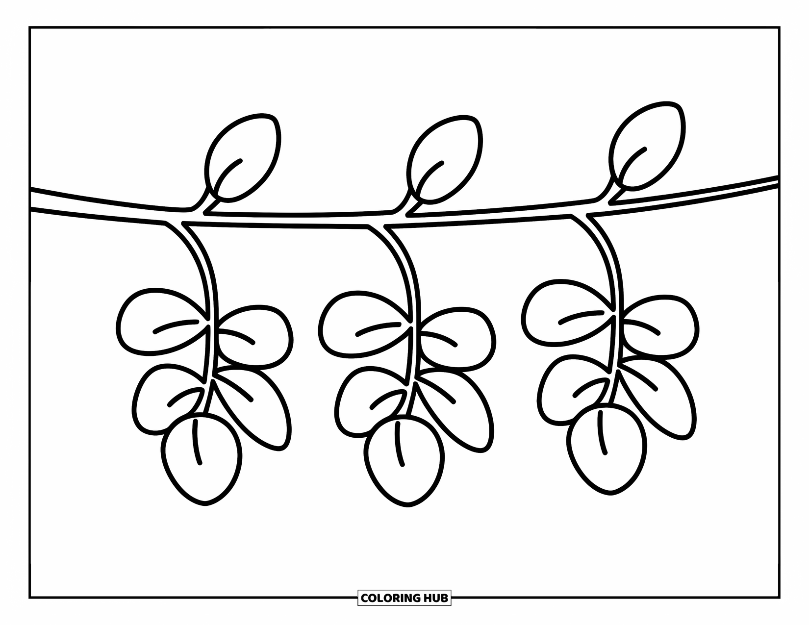 Desen de colorat cu frunze pentru copii: Trei frunze distanțate uniform atârnă de o ramură subțire într-un design echilibrat, simplu
