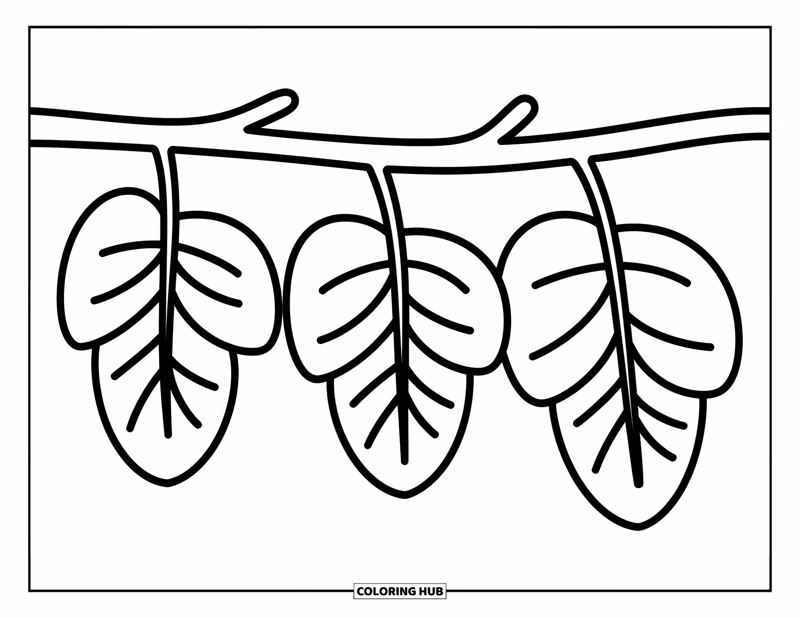 Desen de colorat cu frunze pentru copii: Trei frunze atârnă de o ramură delicată, formând un model jucăuș, uniform