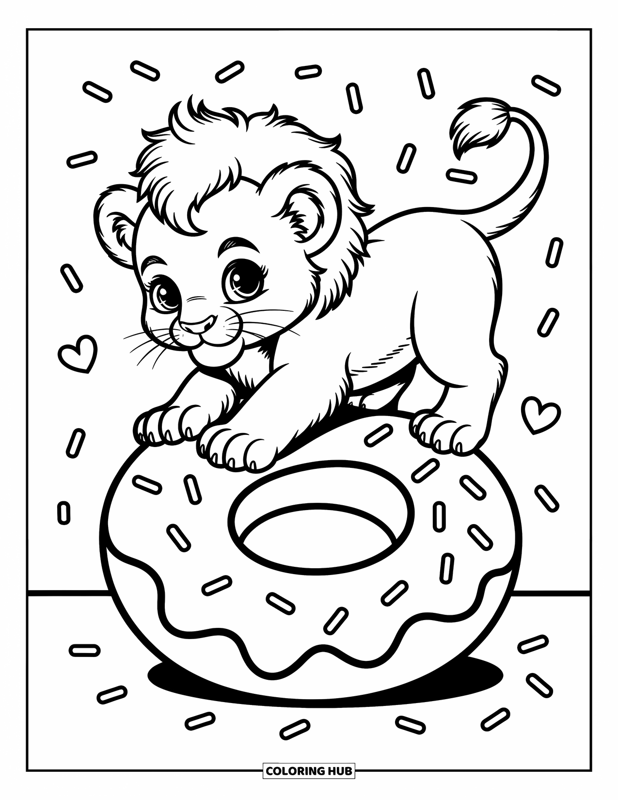 Kolorowanka z lwem dla dorosłych: Mały lew z puszystą grzywą siedzi na gigantycznym pączku, ciekawie wyglądając znad krawędzi