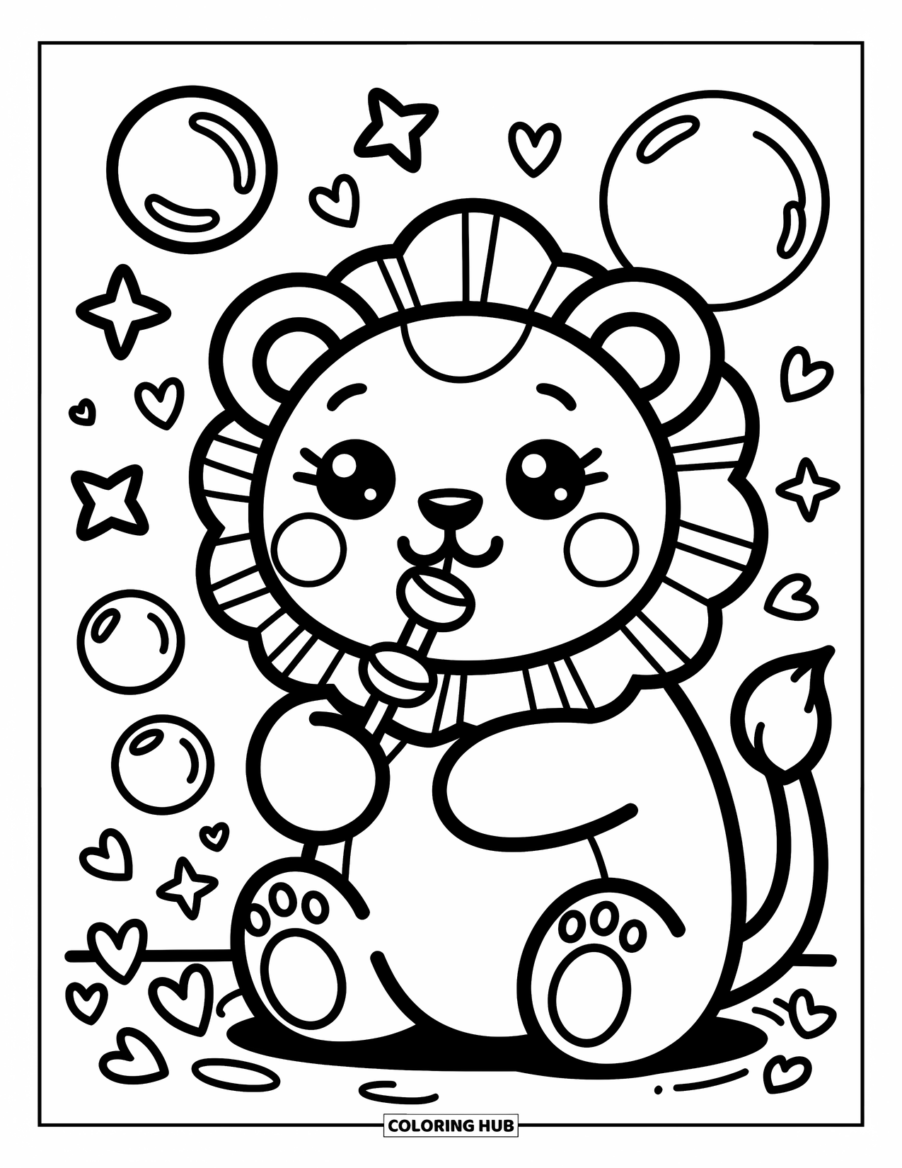 Kolorowanka z lwem dla dorosłych: Mały lew z dużymi, ciekawskimi oczami obserwuje, jak bańki mydlane unoszą się wokół w kapryśnych kształtach