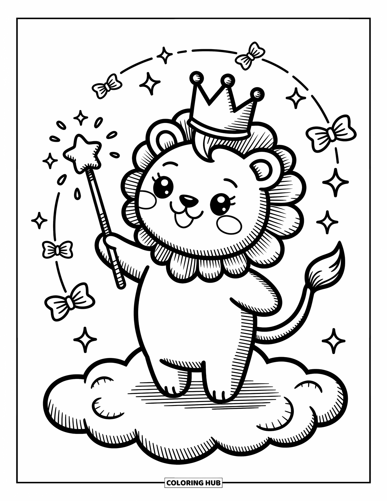 Kolorowanka z lwem dla dorosłych: Pulchny lew stoi na puszystej chmurze, figlarnie machając różdżką zakończoną gwiazdą, z której unoszą się iskierki
