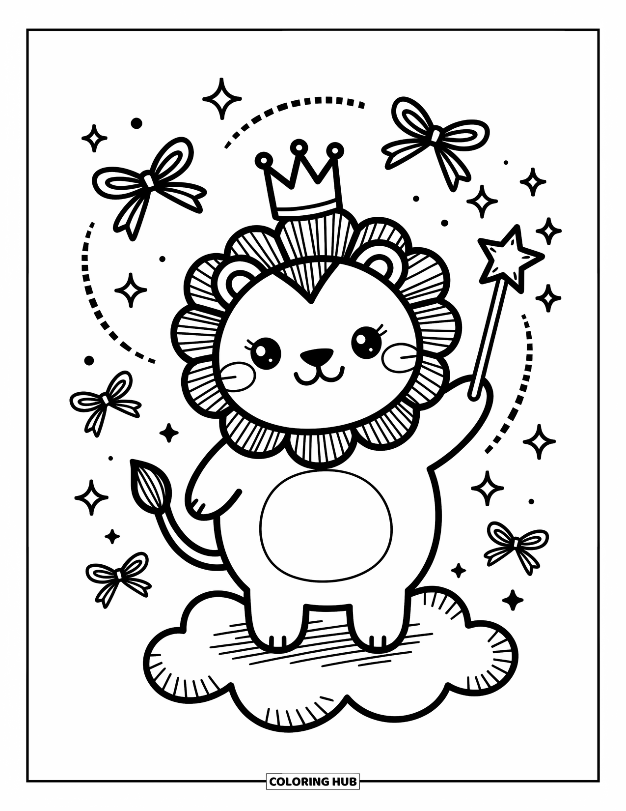 Kolorowanka z lwem dla dorosłych: Pulchny lew stoi na puszystej chmurze, machając magiczną różdżką, gdy wokół unoszą się iskierki i kokardy