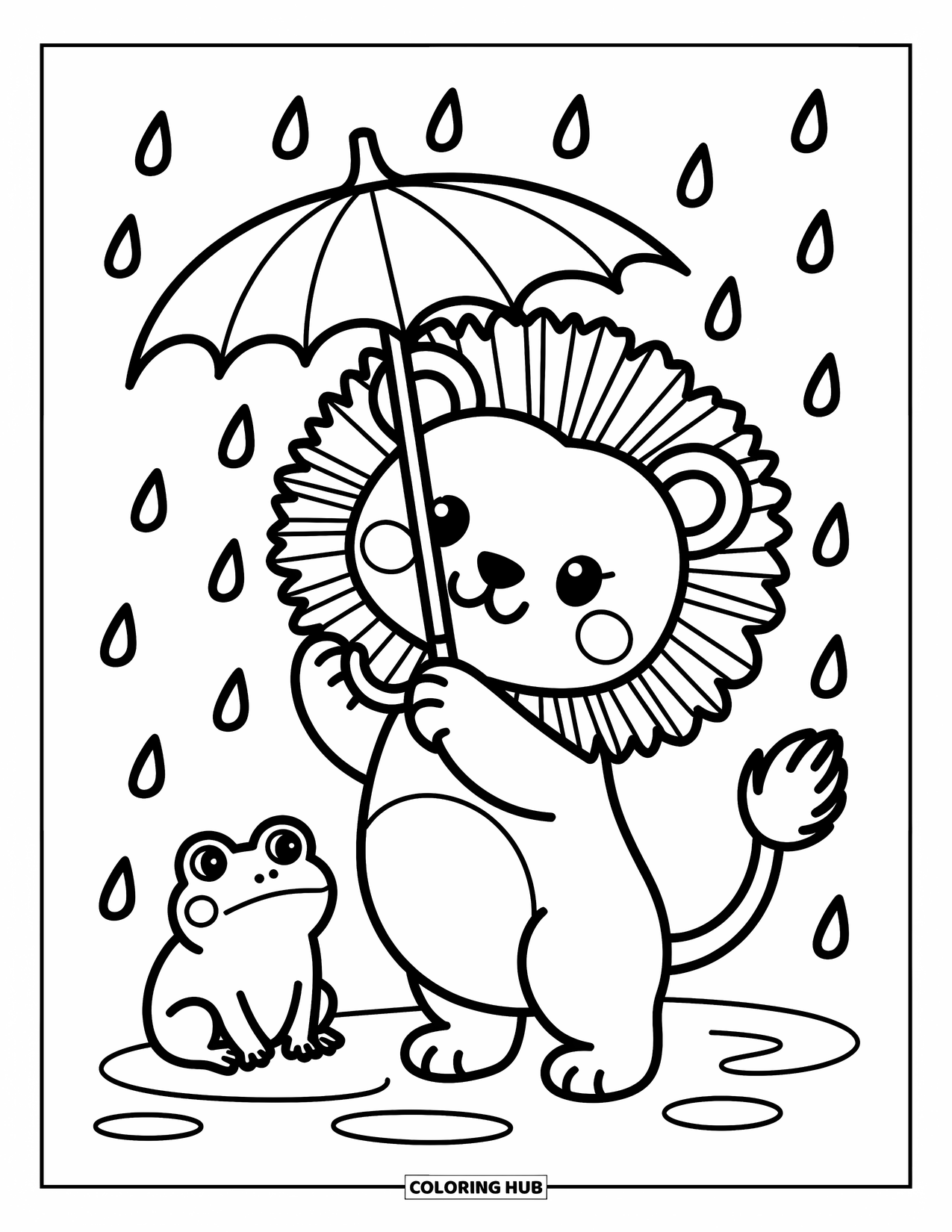 Kolorowanka z lwem dla dorosłych: Przytulny lew trzyma parasol z liścia, a obok niego siedzi mała żaba w delikatnym deszczu