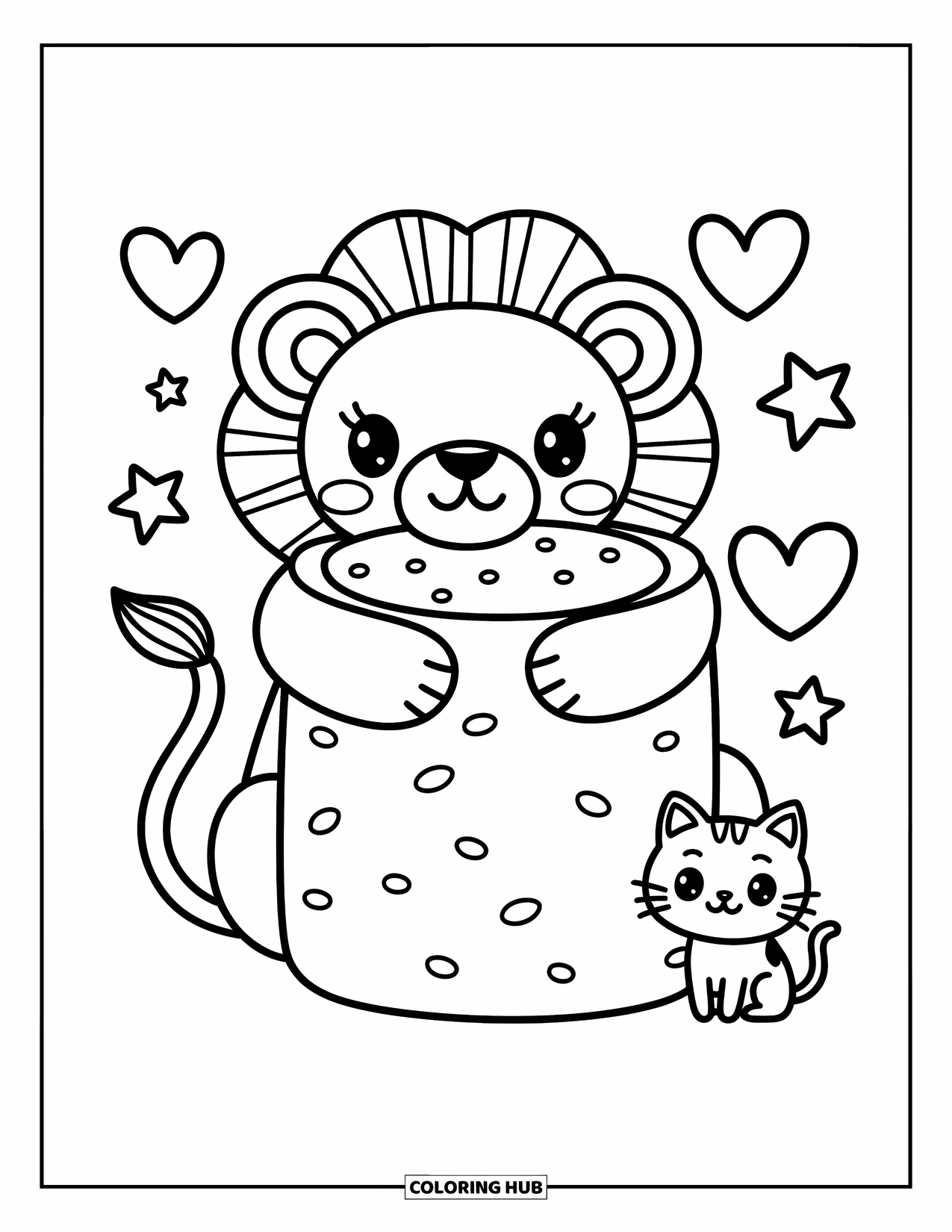 Kolorowanka z lwem dla dorosłych: Przytulny lew przytula gigantyczną piankę marshmallow, a jego maleńkie łapy ledwo obejmują miękki smakołyk