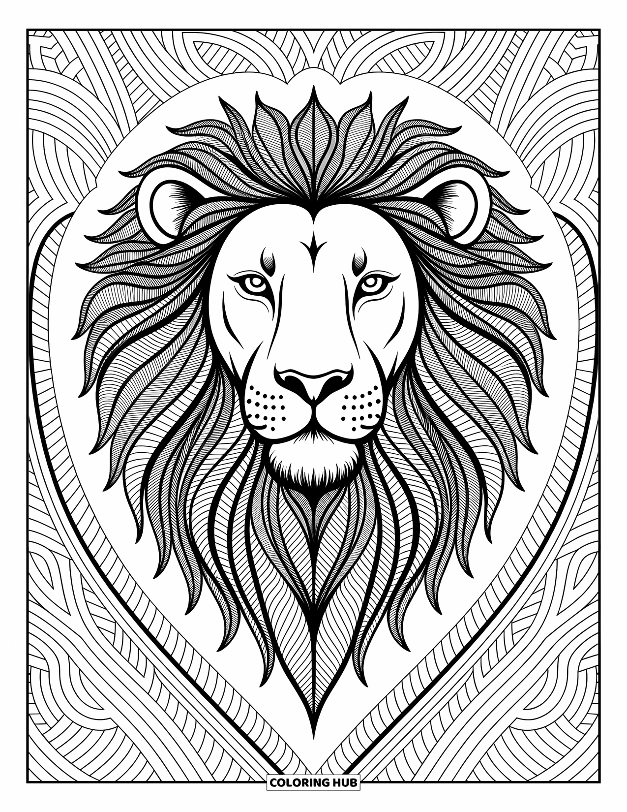 Kolorowanka z lwem dla dorosłych: Szczegółowa lwia twarz ze skomplikowaną, wzorzystą grzywą jest otoczona eleganckimi obramowaniami