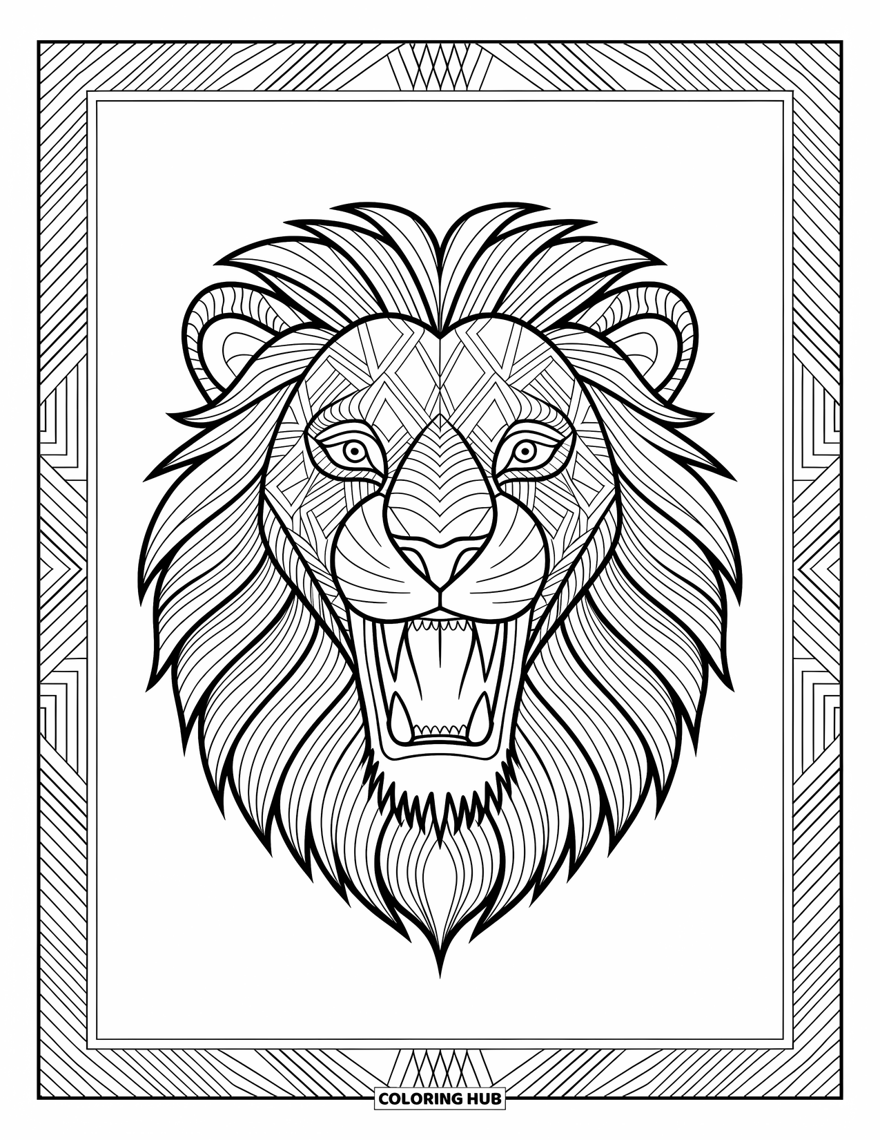 Kolorowanka z lwem dla dorosłych: Drapieżny lew ryczy, a jego grzywa powiewa odważnymi, dekoracyjnymi wzorami