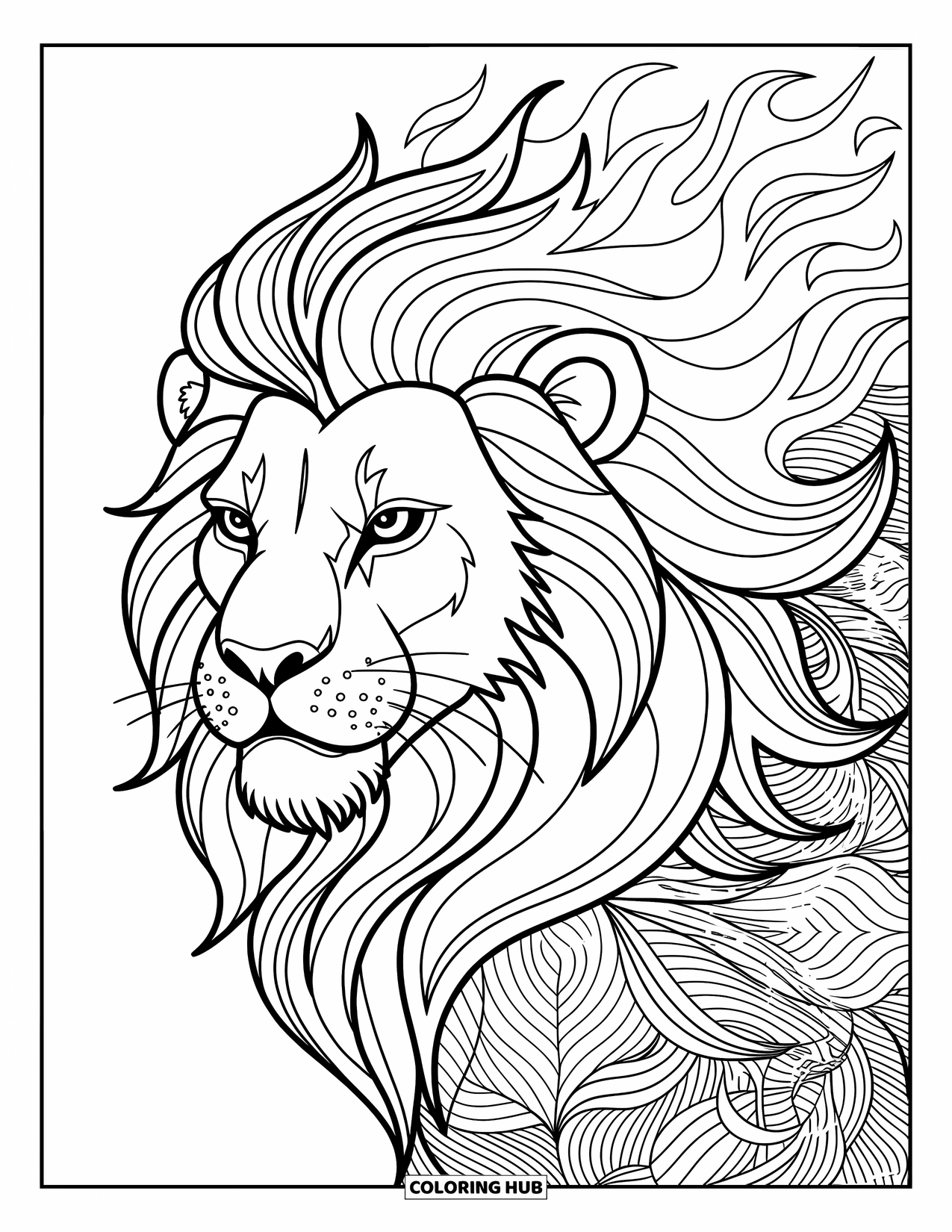 Kolorowanka z lwem dla dorosłych: Groźny lew z grzywą z wirujących płomieni tworzy intensywny i mocny obraz
